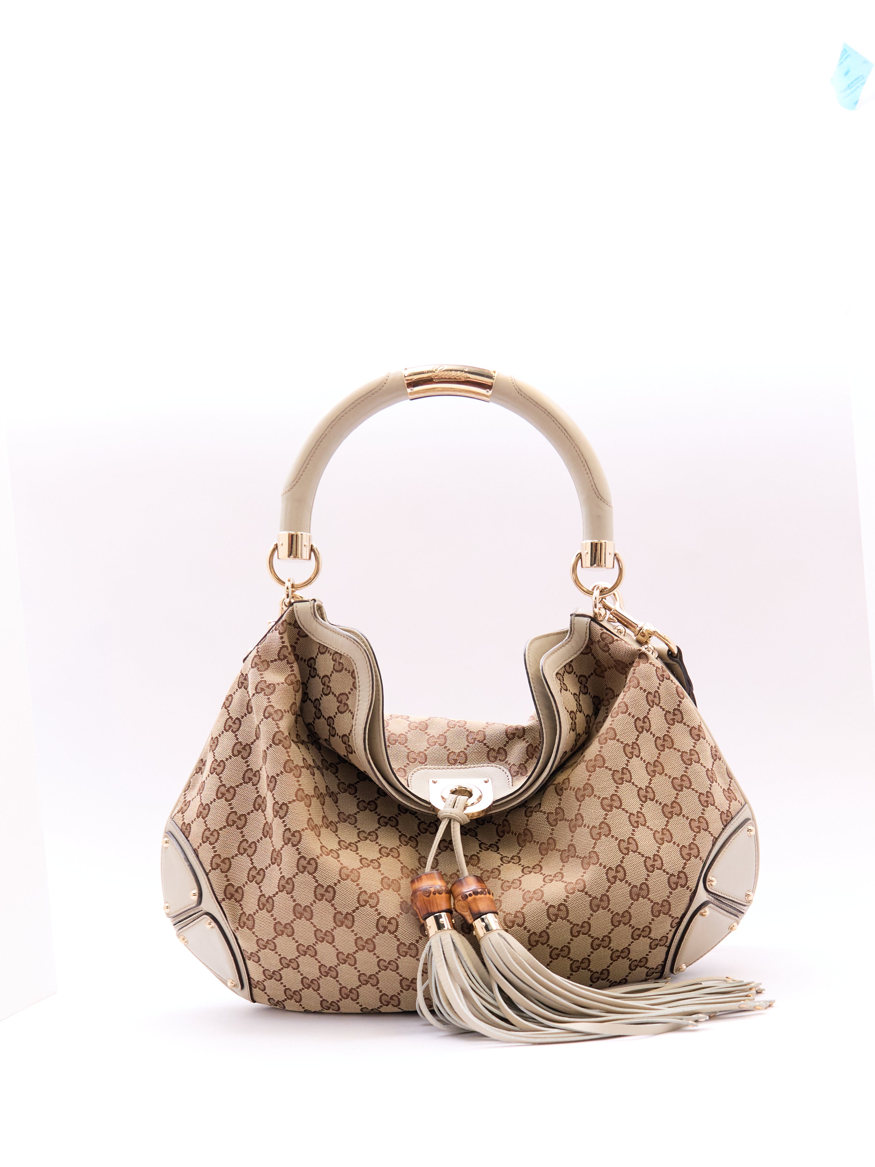 00's Gucci Indy Bamboo Beige GG Canvas Sholder Bag