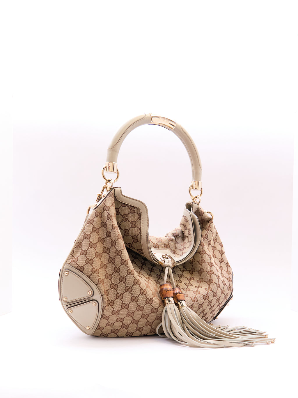00's Gucci Indy Bamboo Beige GG Canvas Sholder Bag