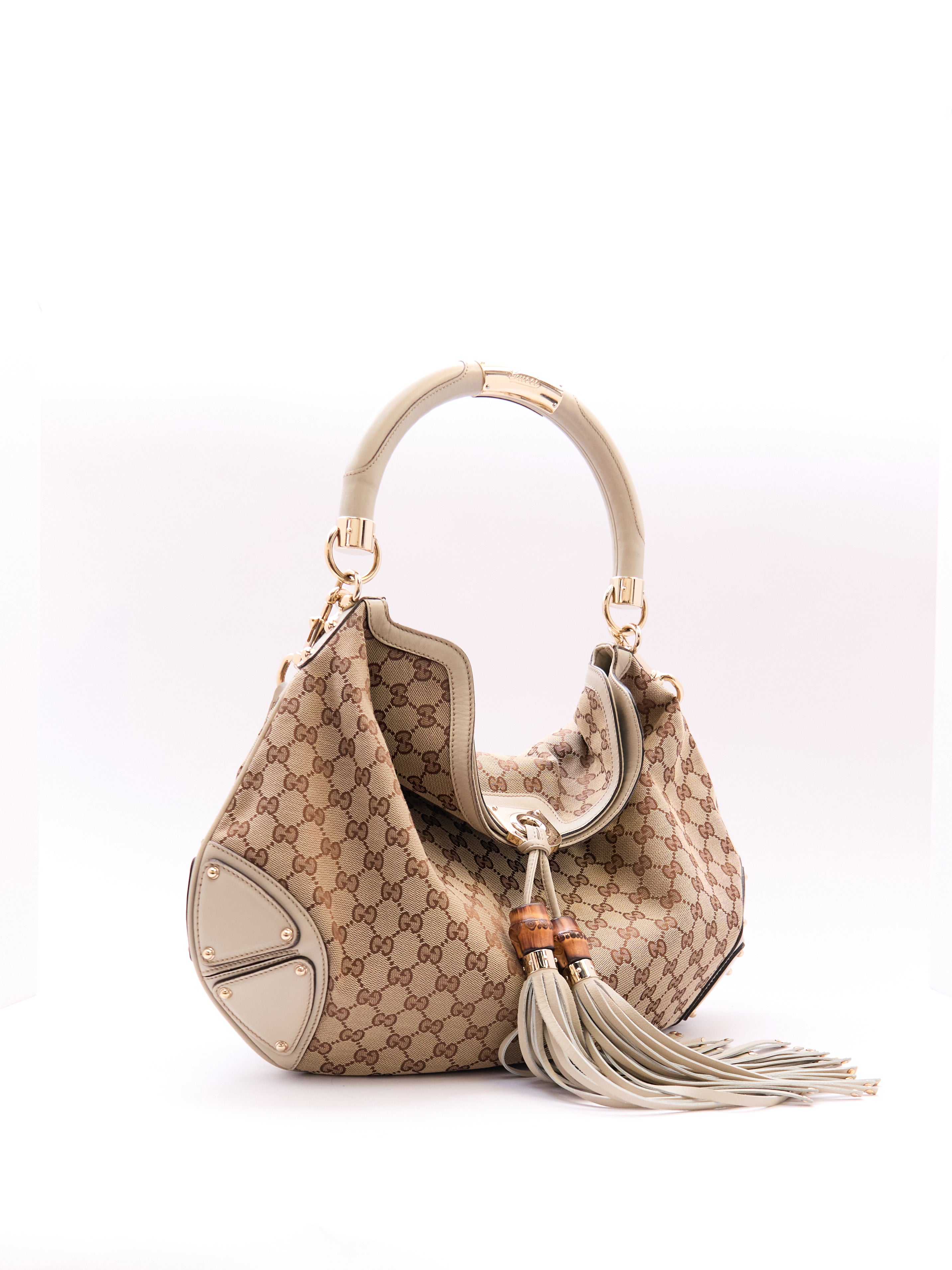 00's Gucci Indy Bamboo Beige GG Canvas Sholder Bag