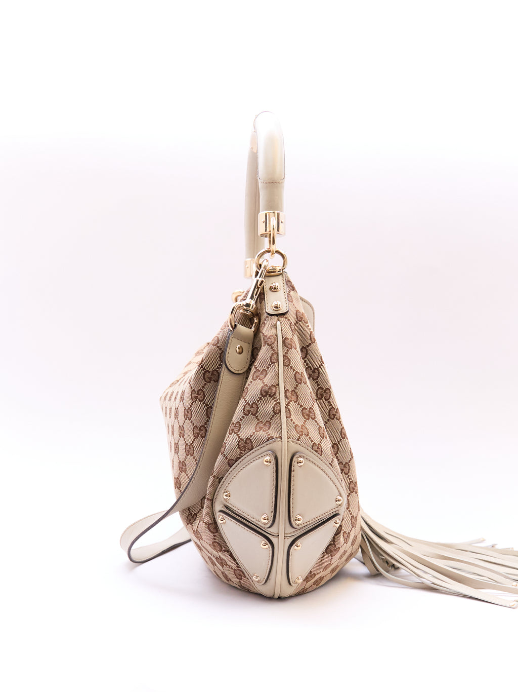 00's Gucci Indy Bamboo Beige GG Canvas Sholder Bag