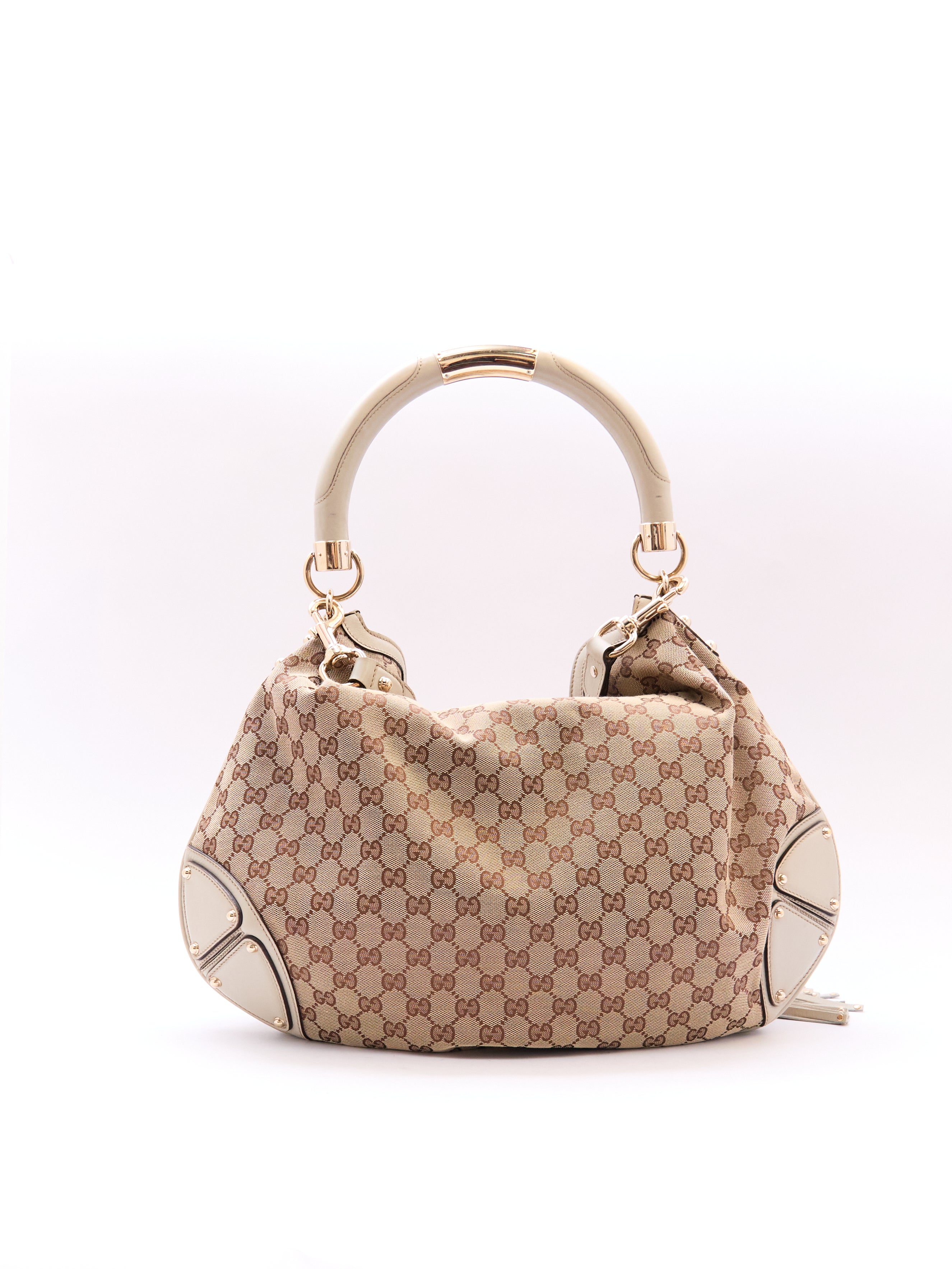 00's Gucci Indy Bamboo Beige GG Canvas Sholder Bag