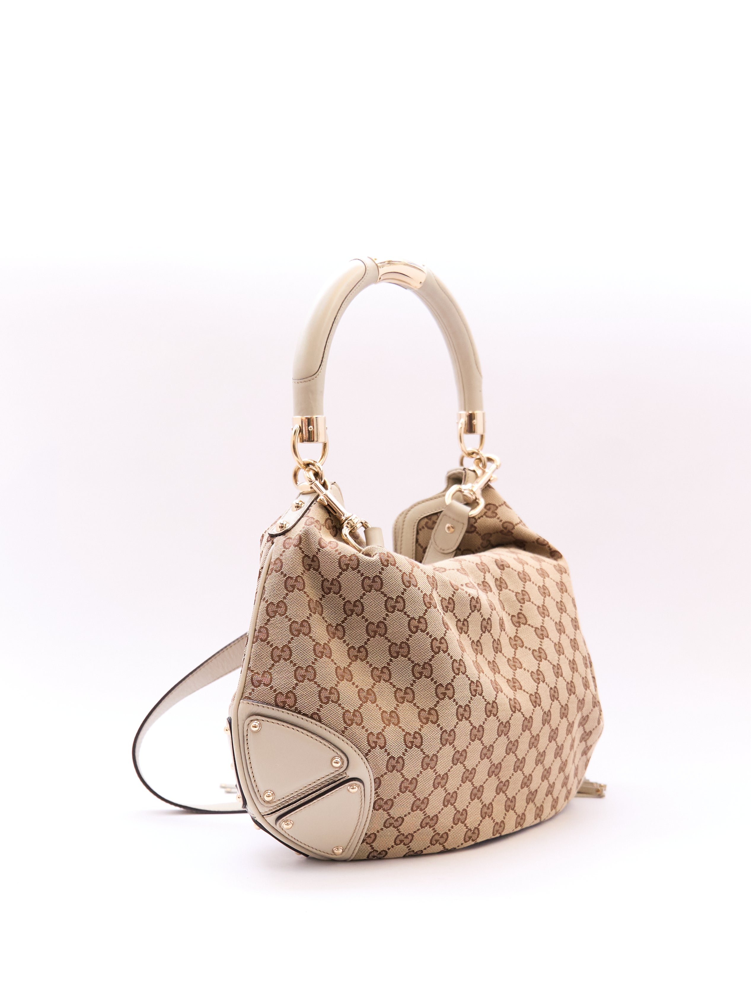 00's Gucci Indy Bamboo Beige GG Canvas Sholder Bag