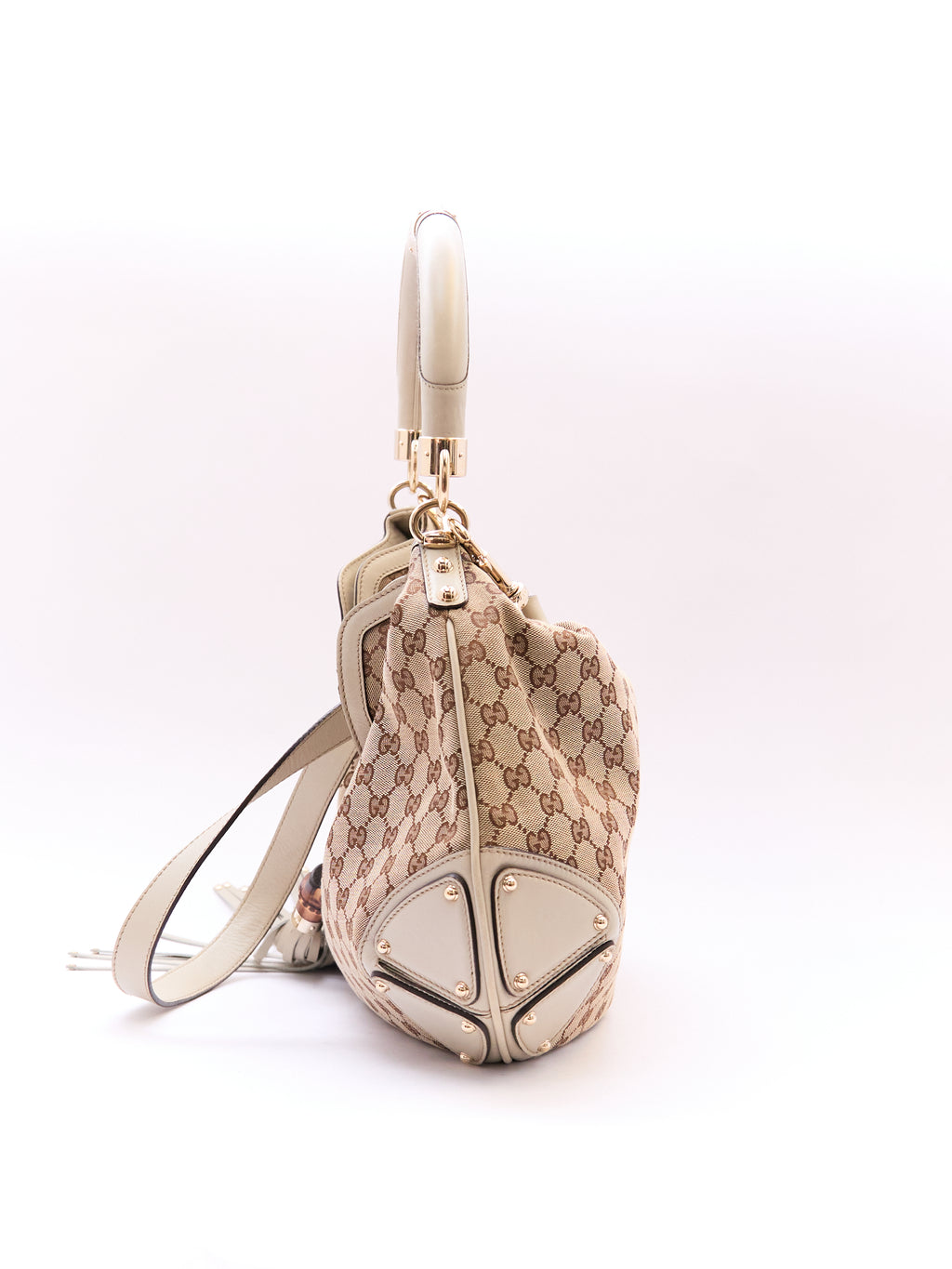 00's Gucci Indy Bamboo Beige GG Canvas Sholder Bag