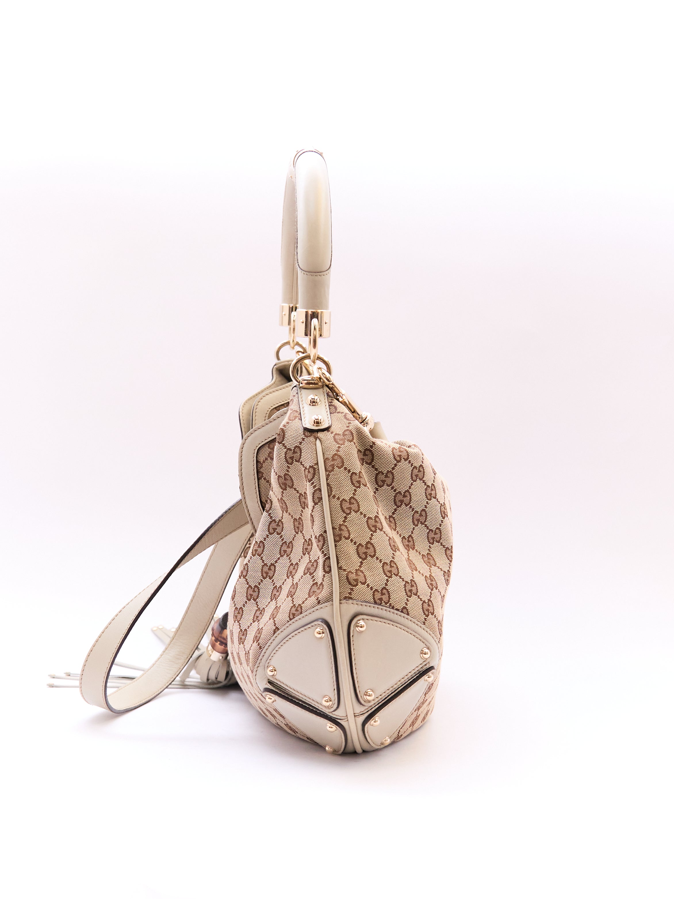 00's Gucci Indy Bamboo Beige GG Canvas Sholder Bag
