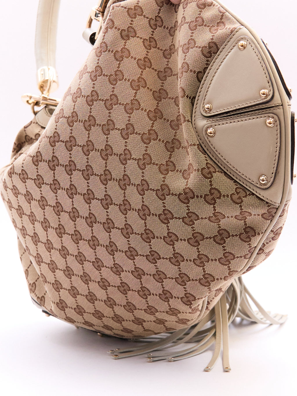 00's Gucci Indy Bamboo Beige GG Canvas Sholder Bag