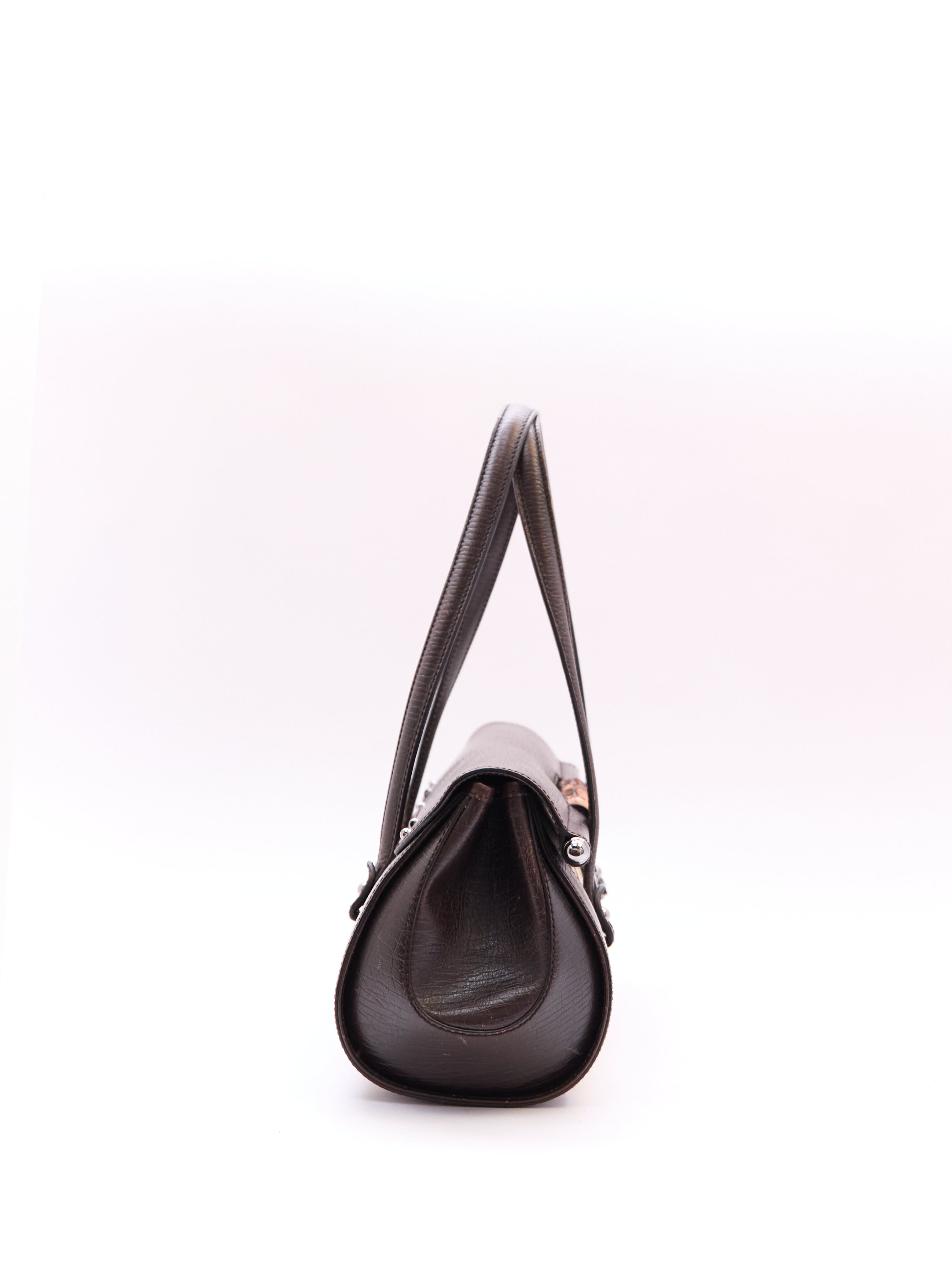 00's Gucci Bullet Bamboo Brown GG Canvas Handbag