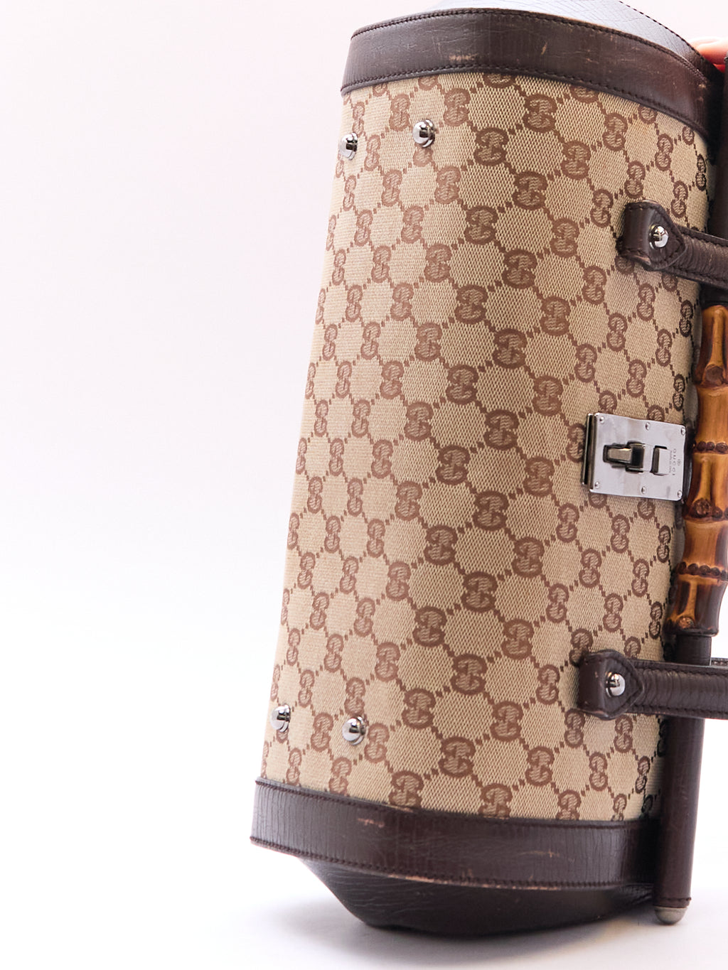 00's Gucci Bullet Bamboo Brown GG Canvas Handbag