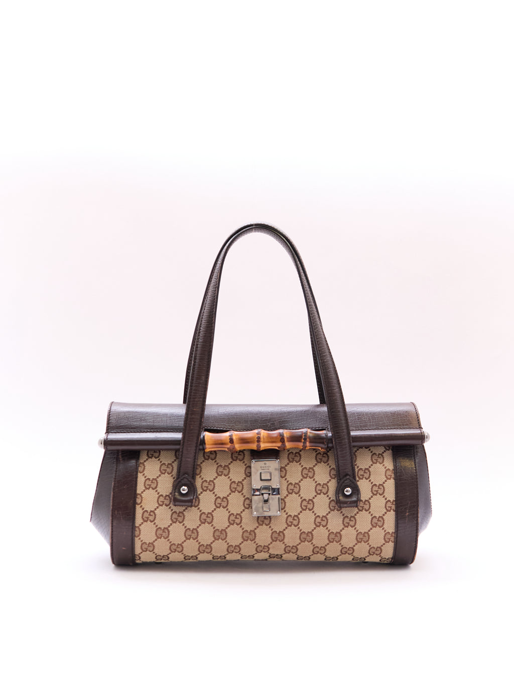 00's Gucci Bullet Bamboo Brown GG Canvas Handbag