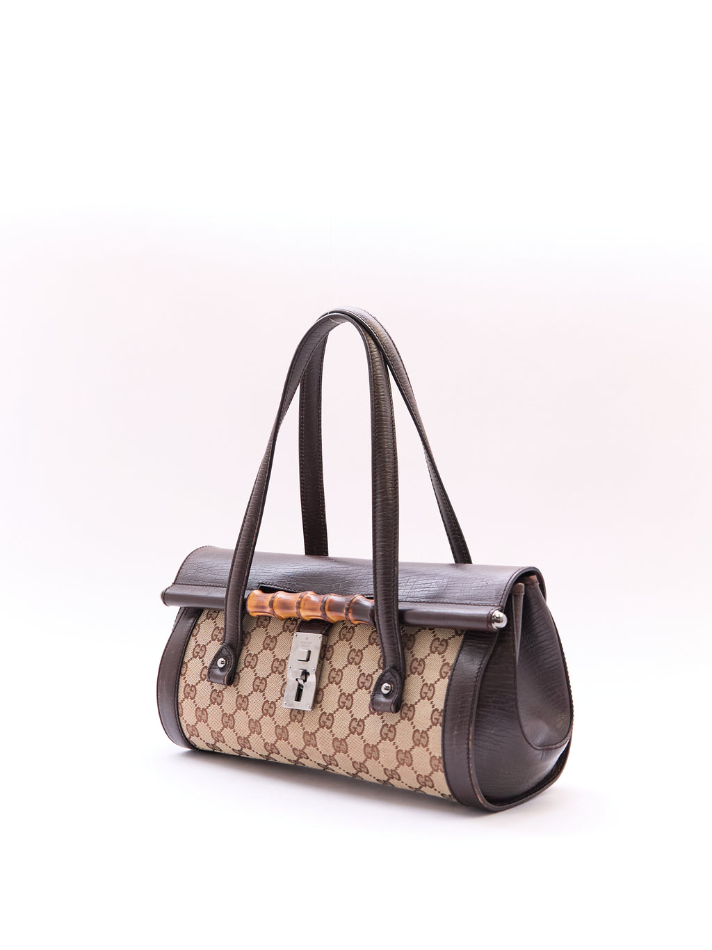 00's Gucci Bullet Bamboo Brown GG Canvas Handbag