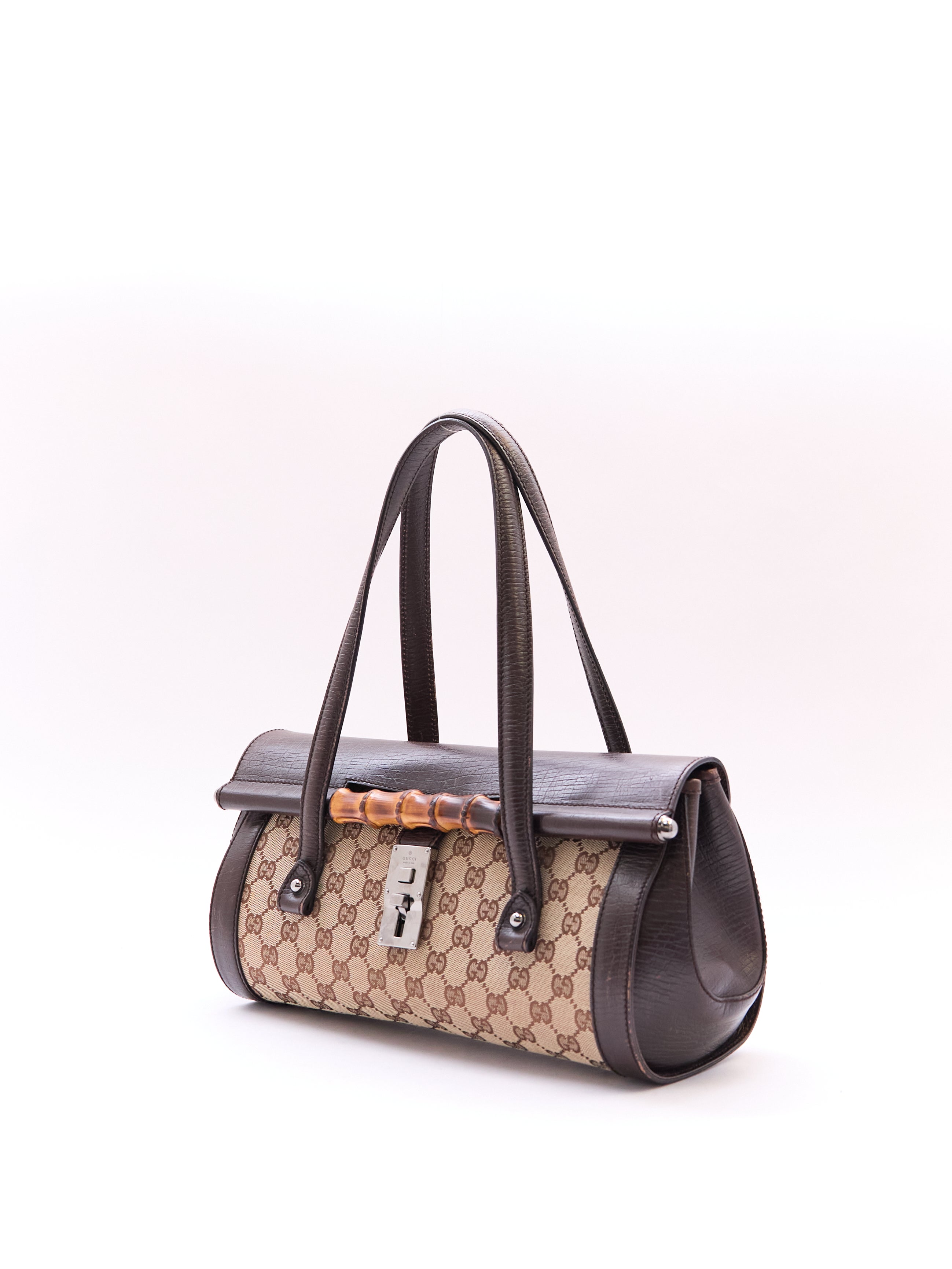 00's Gucci Bullet Bamboo Brown GG Canvas Handbag