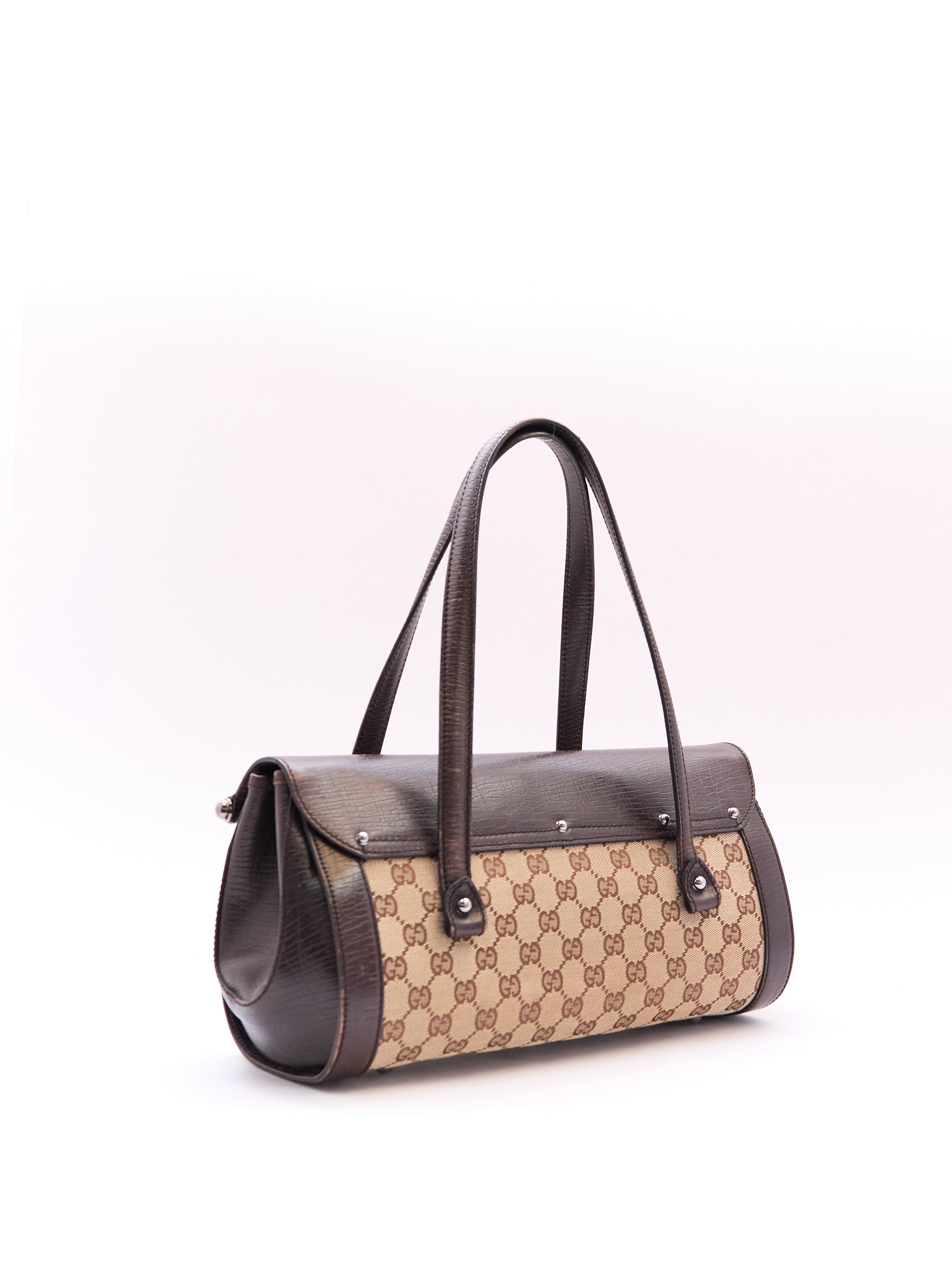 00's Gucci Bullet Bamboo Brown GG Canvas Handbag