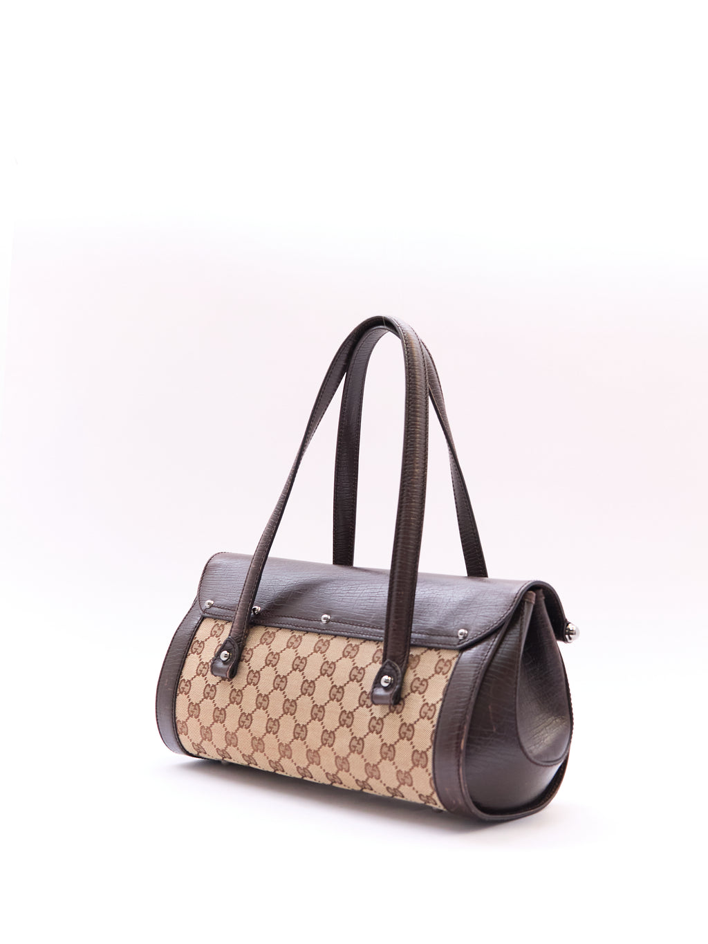 00's Gucci Bullet Bamboo Brown GG Canvas Handbag