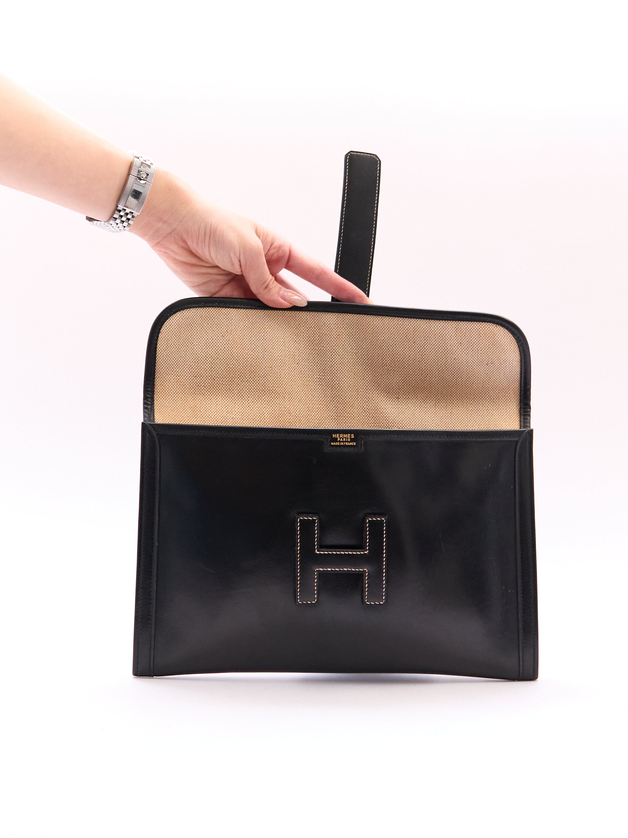 Hermes Black Leather Envelope Clutch