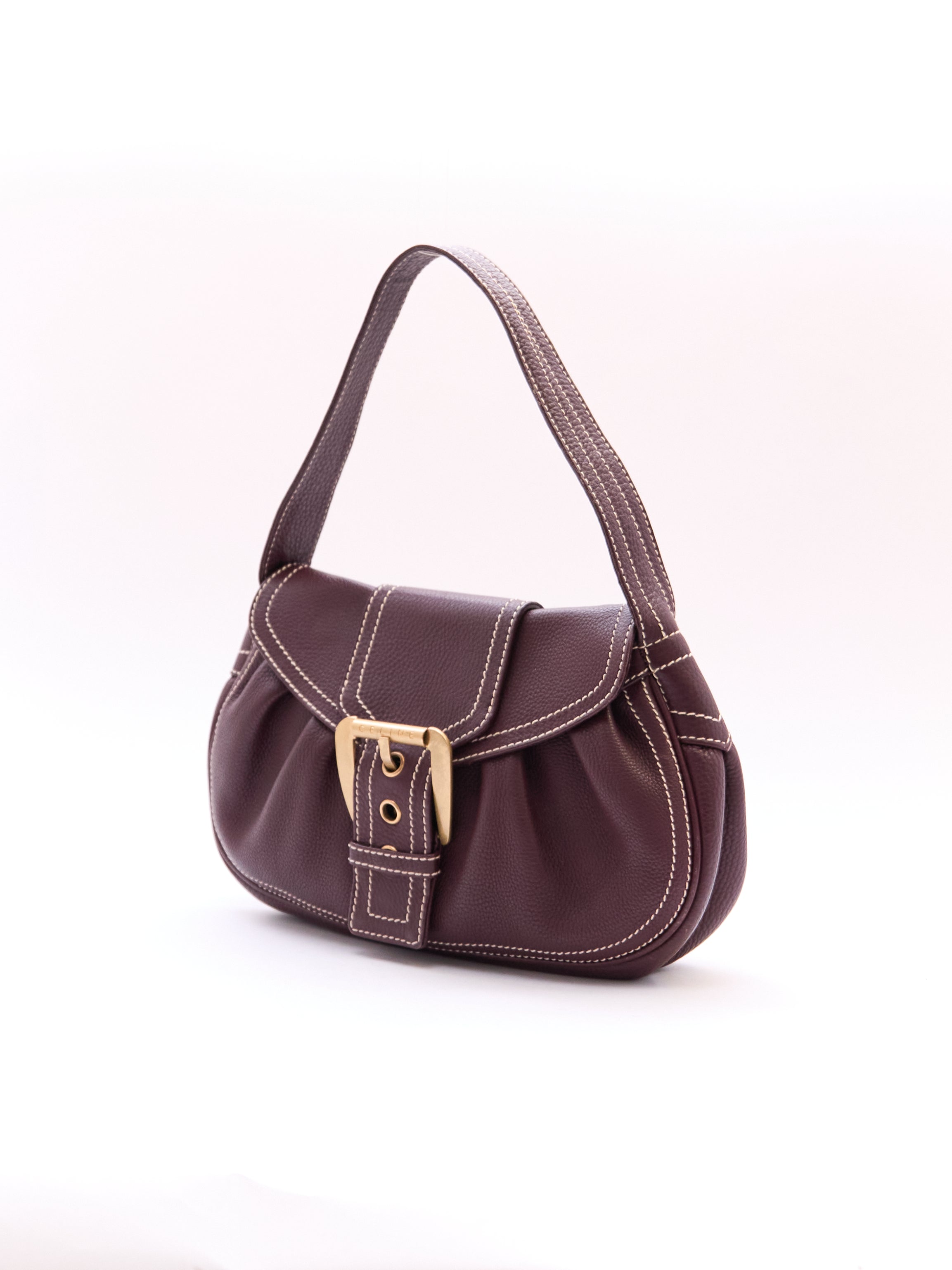 Celine Burgundy Buckle Leather Shoulder Bag