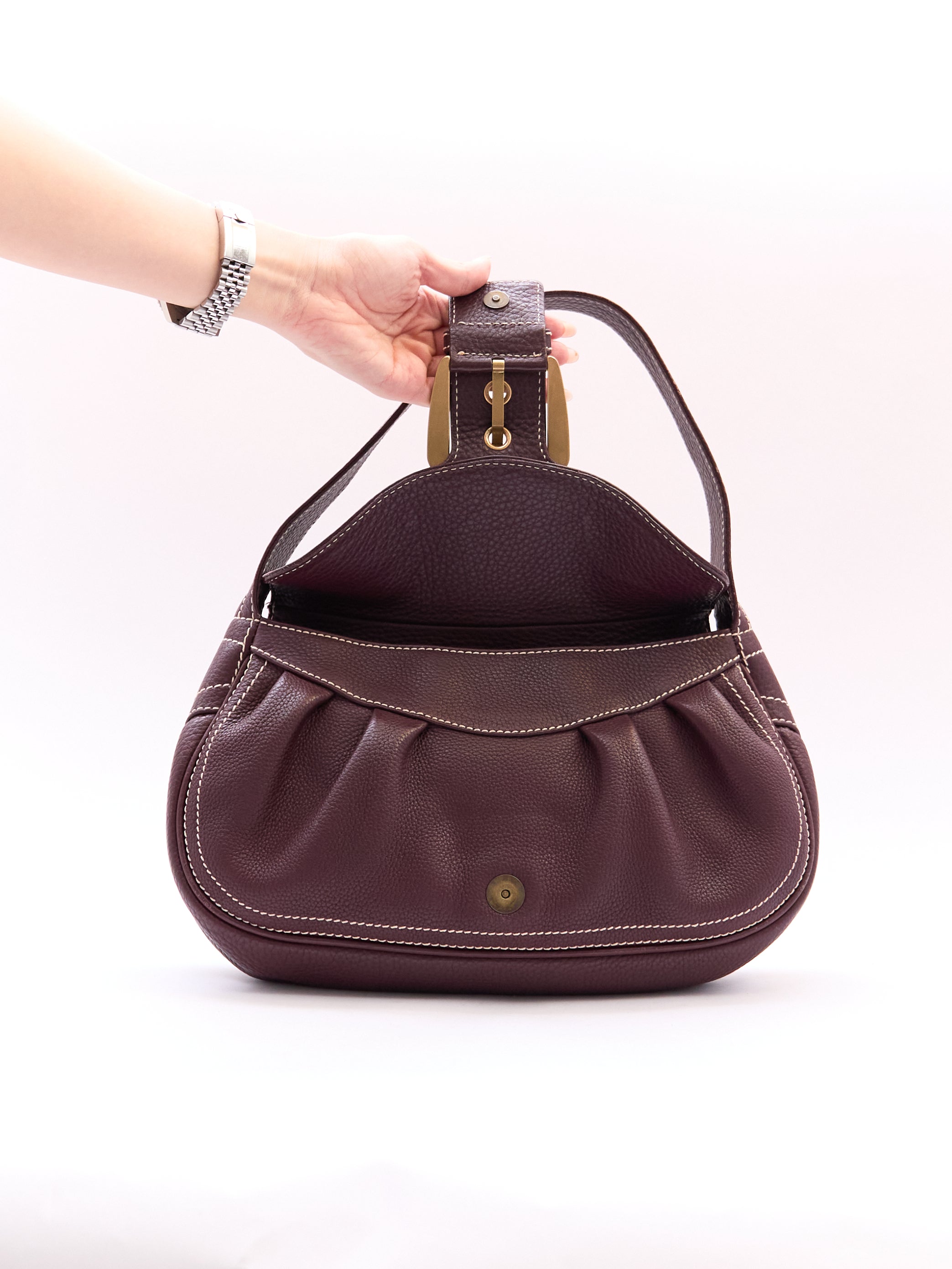 Celine Burgundy Buckle Leather Shoulder Bag