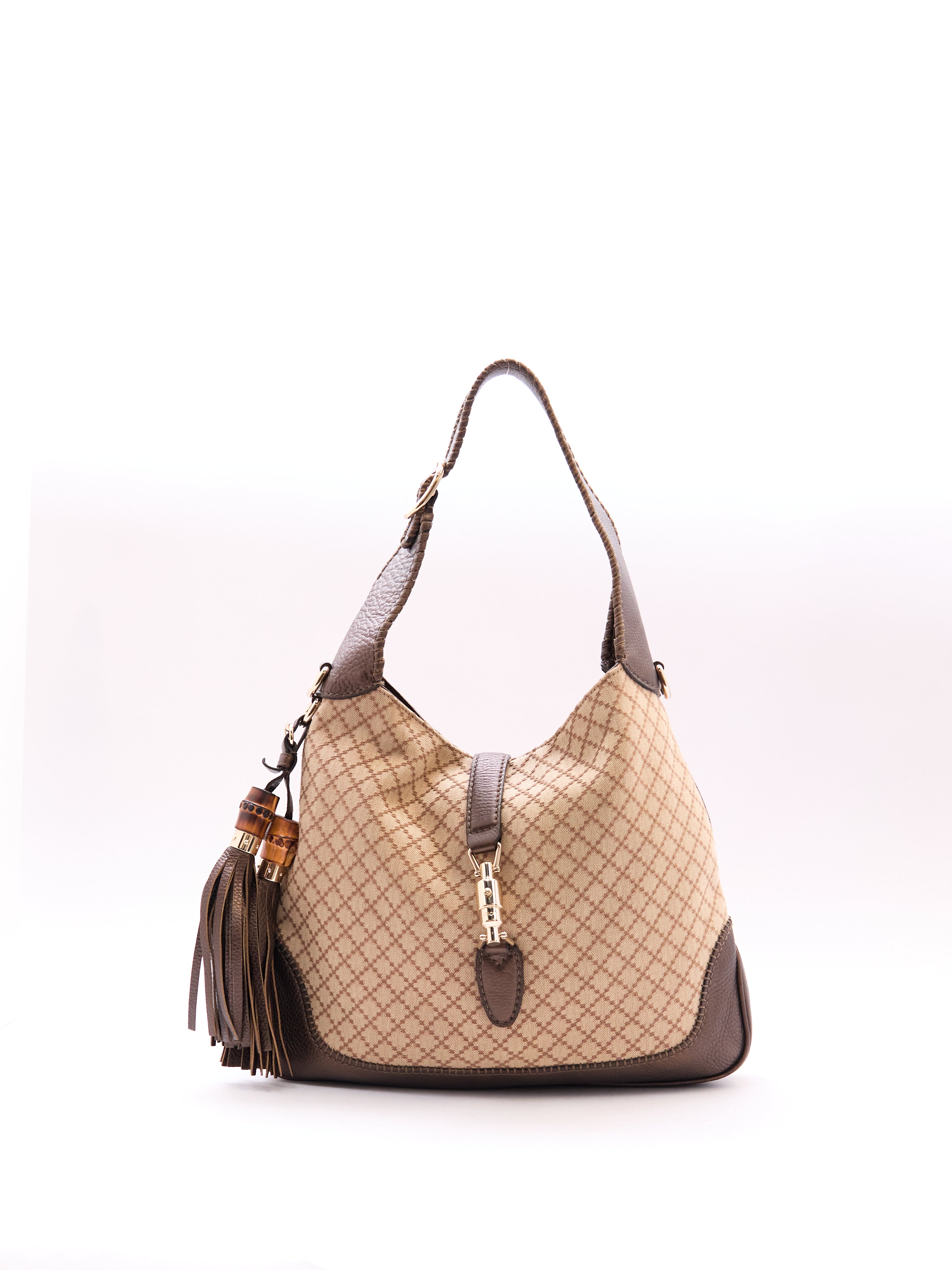 00's Gucci Jackie Beige GG Monogram Canvas Leather Shoulder Bag