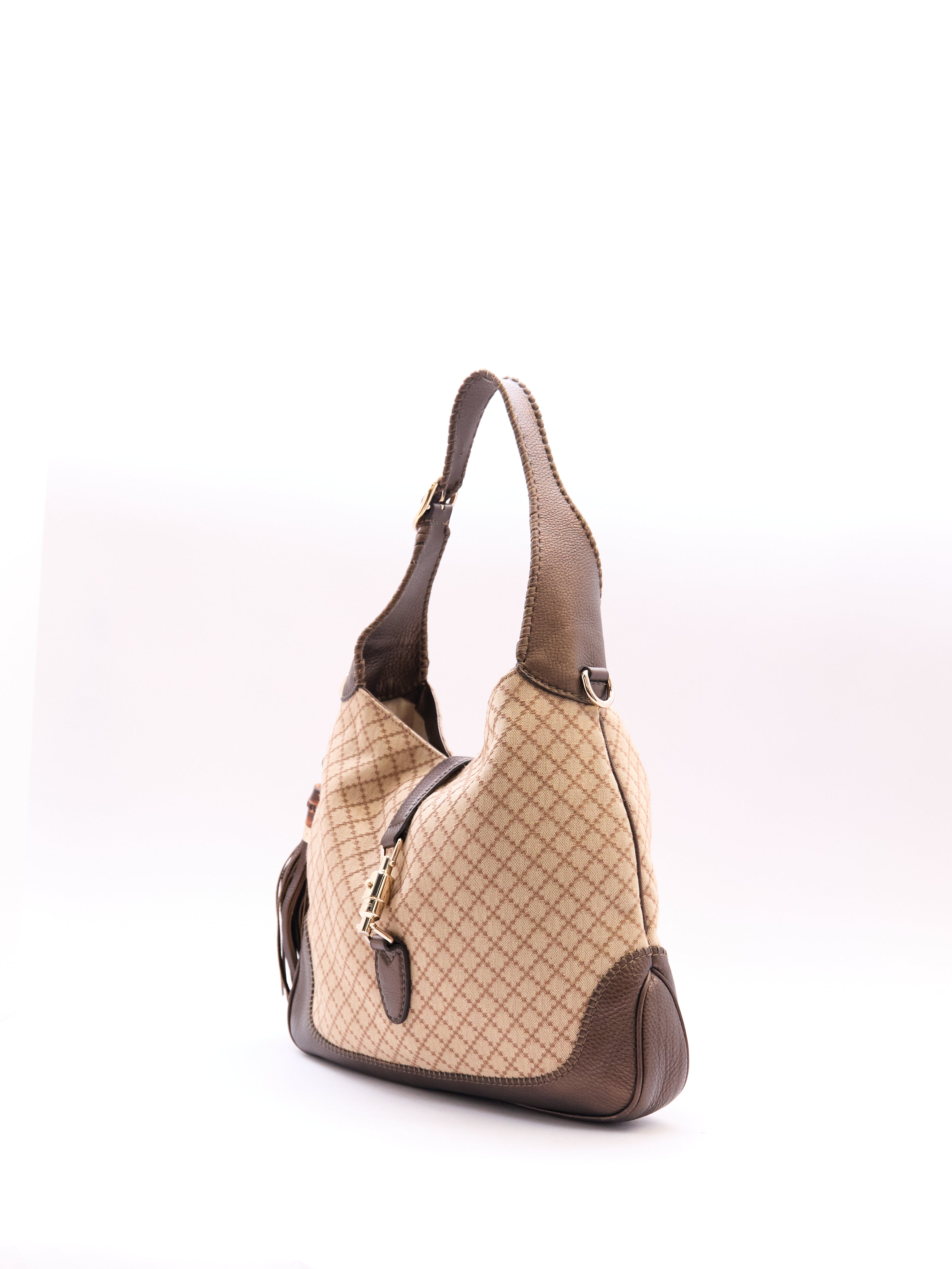 00's Gucci Jackie Beige GG Monogram Canvas Leather Shoulder Bag
