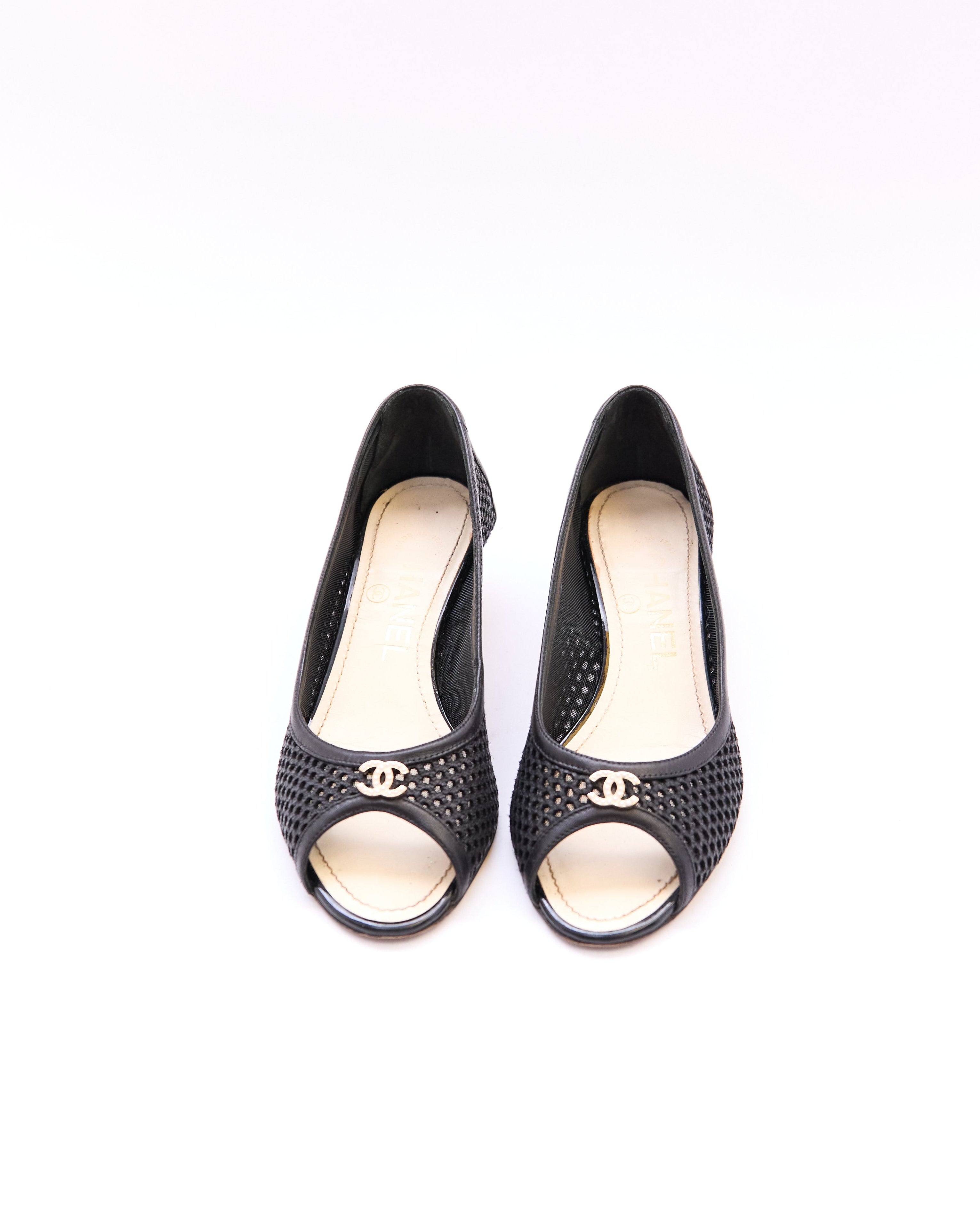 Chanel Black Mesh Peep Toe Kitten Heels Size 35.5