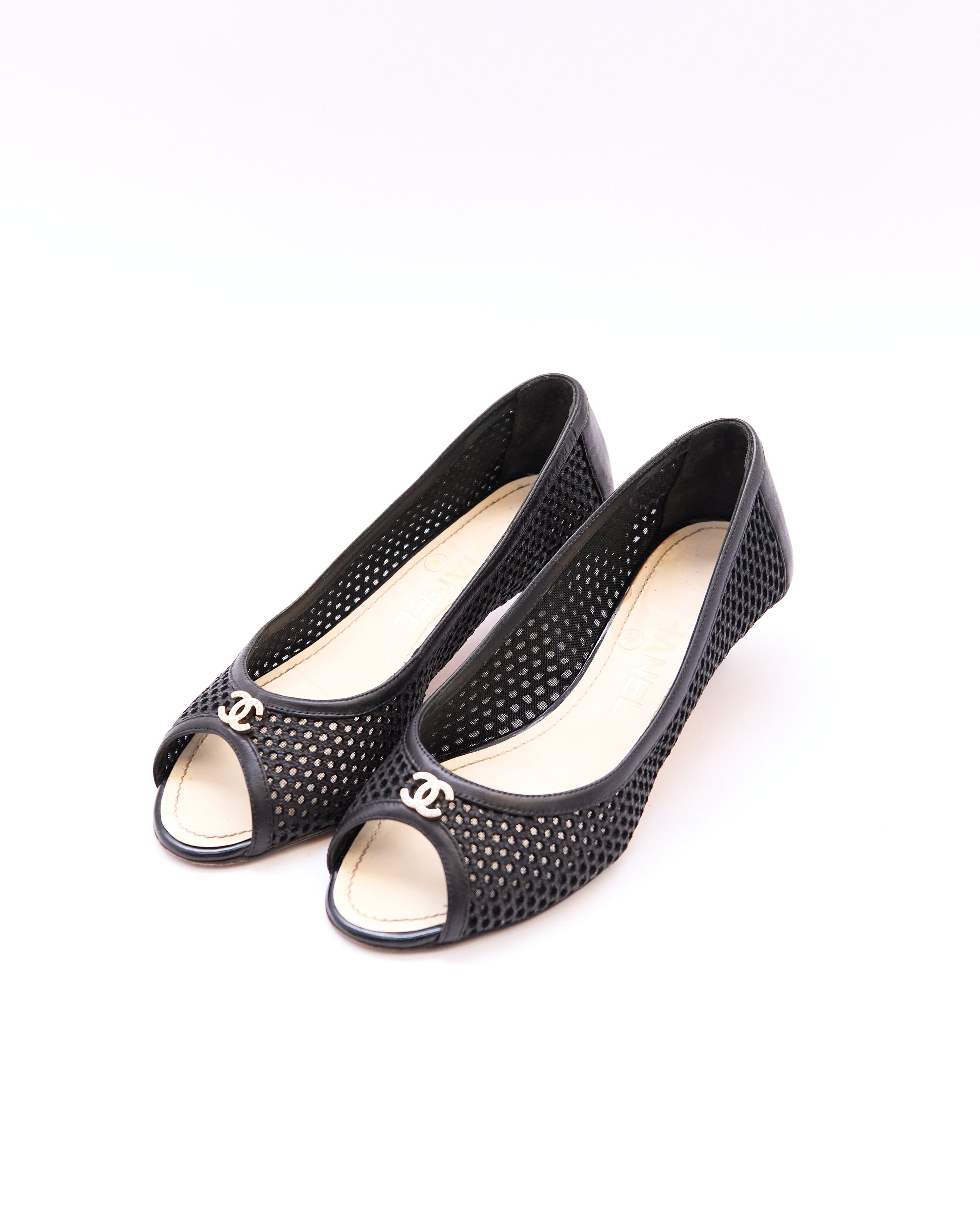 Chanel Black Mesh Peep Toe Kitten Heels Size 35.5