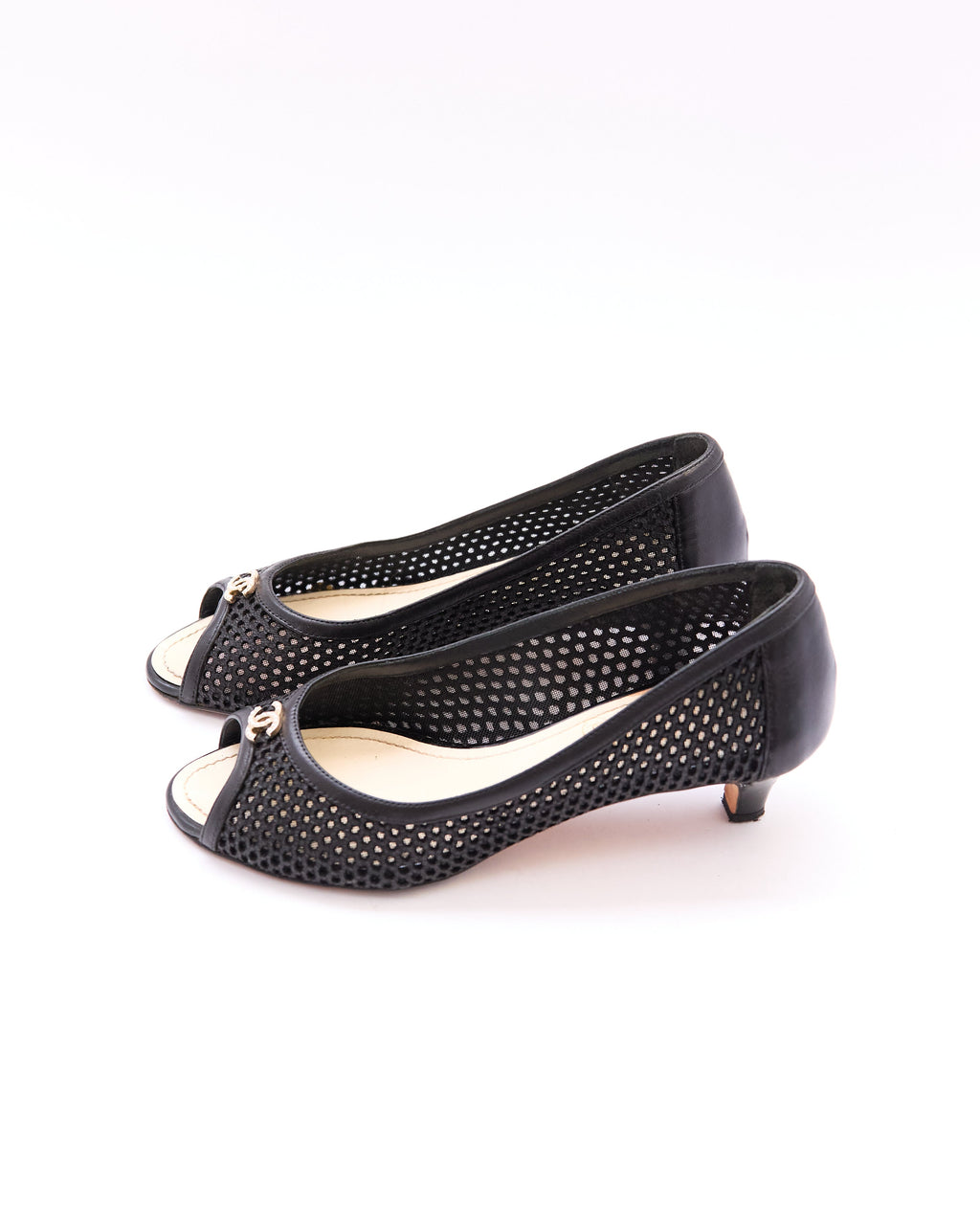 Chanel Black Mesh Peep Toe Kitten Heels Size 35.5