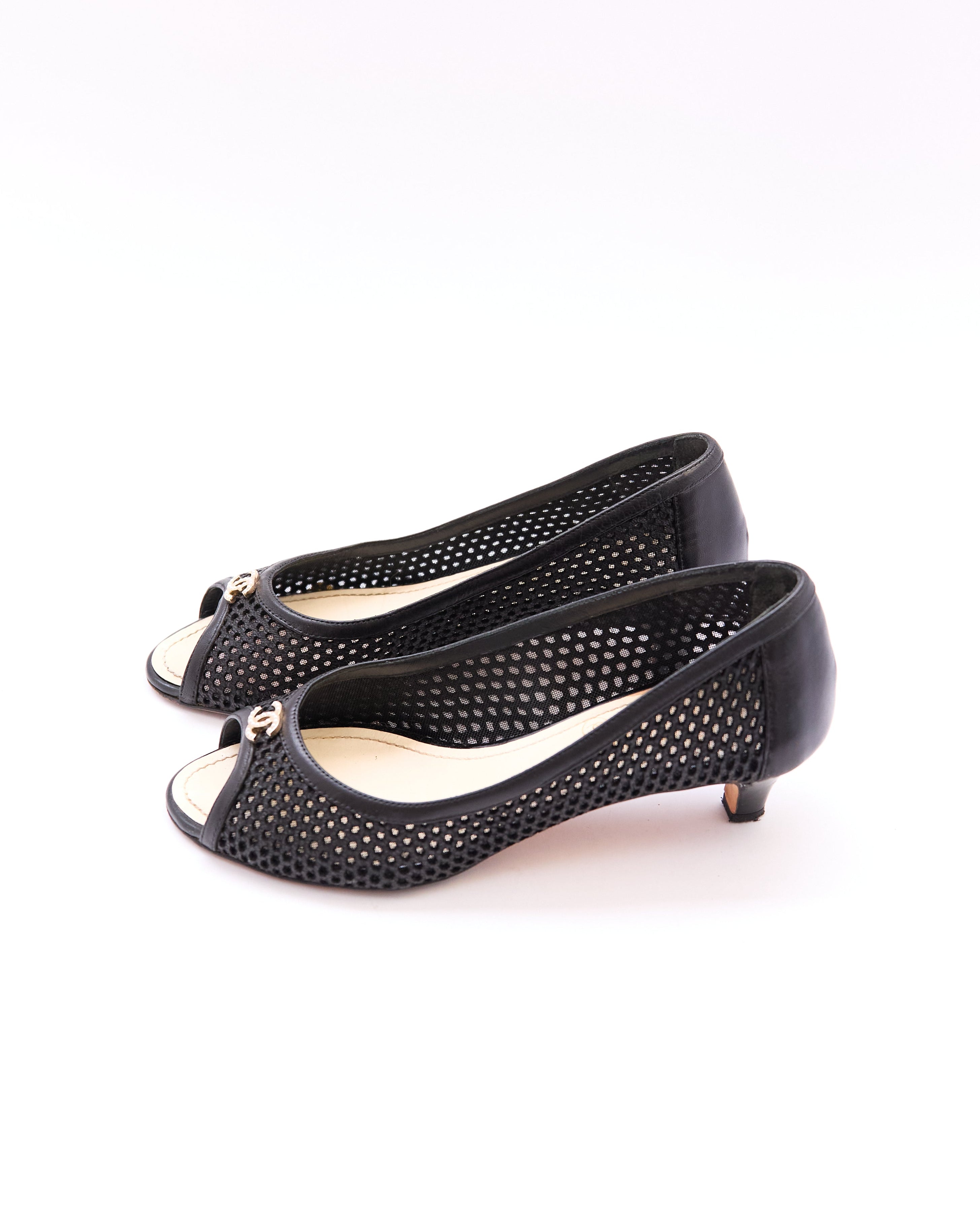 Chanel Black Mesh Peep Toe Kitten Heels Size 35.5