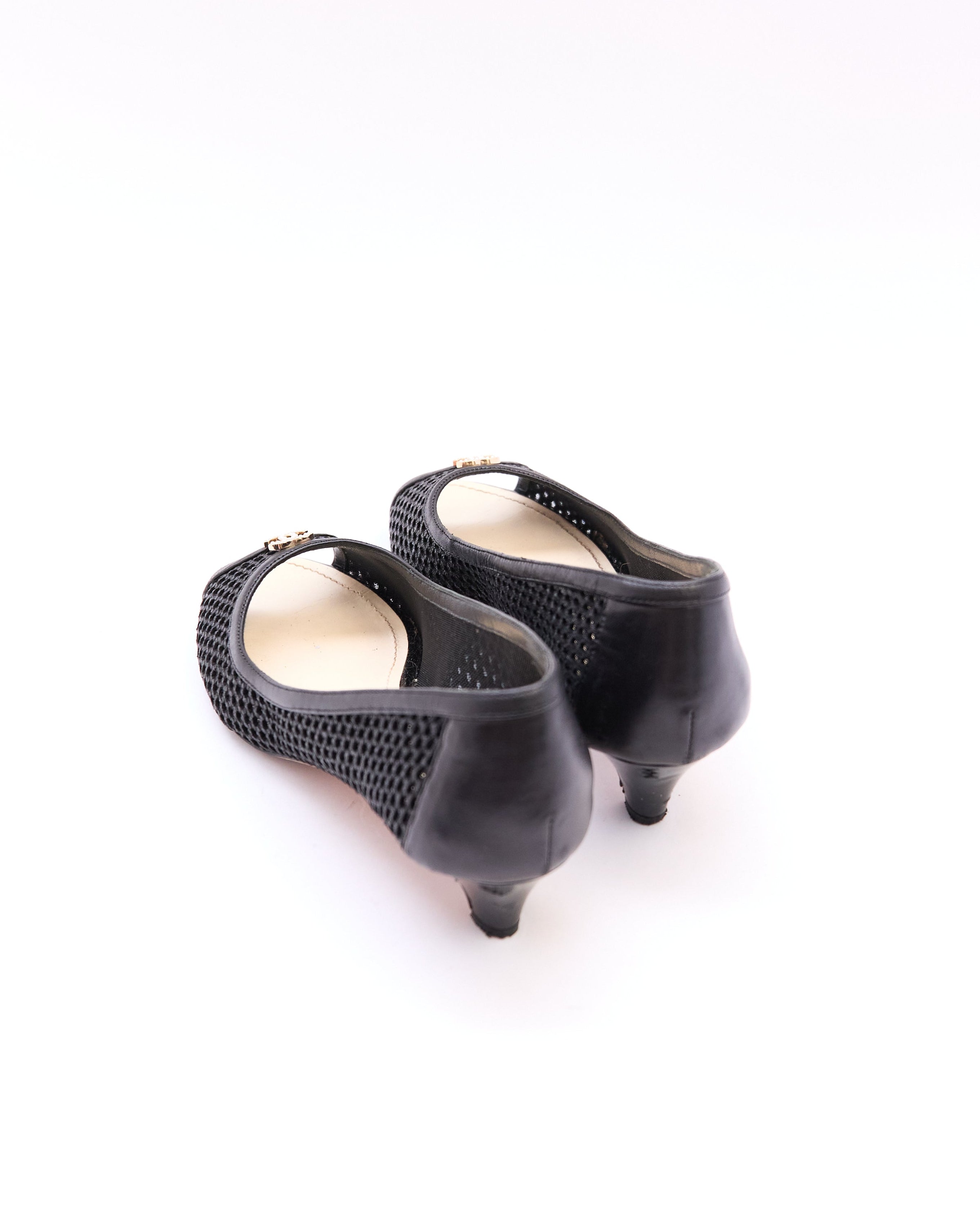 Chanel Black Mesh Peep Toe Kitten Heels Size 35.5