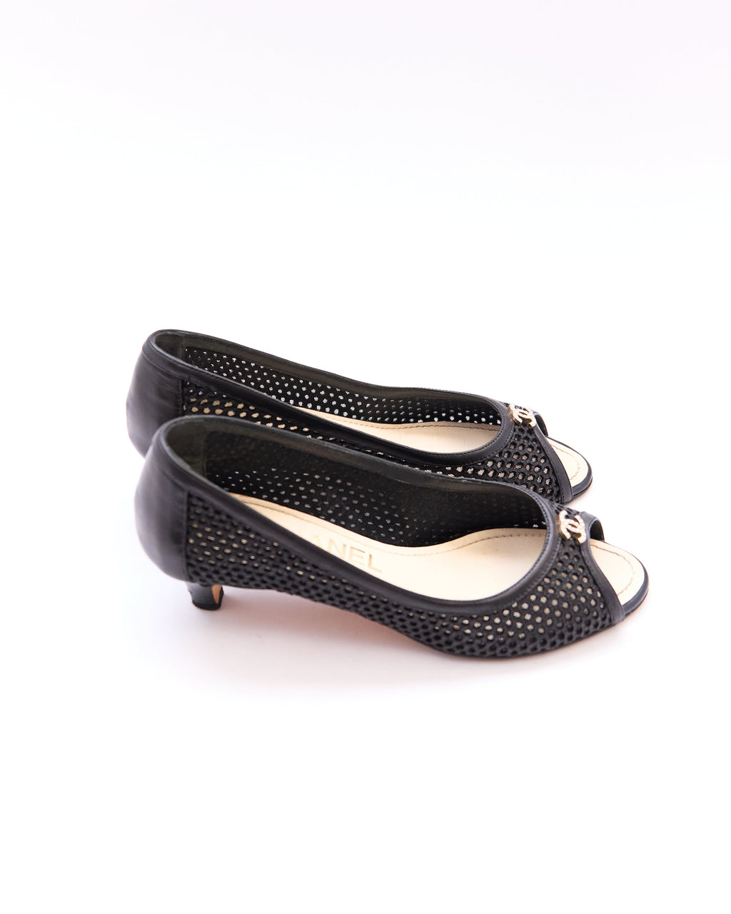 Chanel Black Mesh Peep Toe Kitten Heels Size 35.5