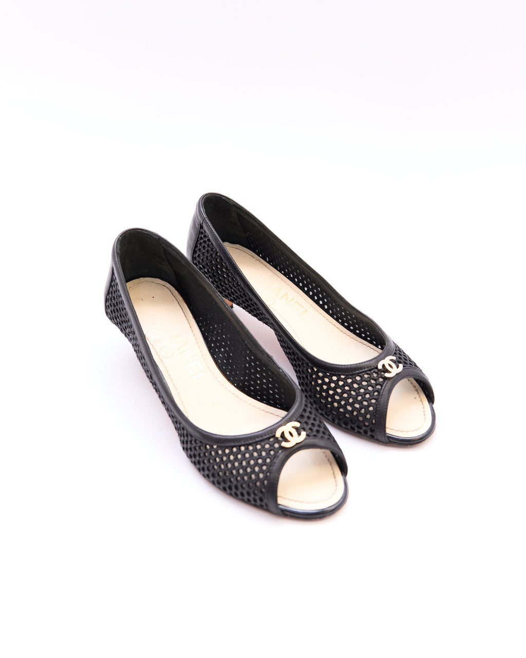 Chanel Black Mesh Peep Toe Kitten Heels Size 35.5