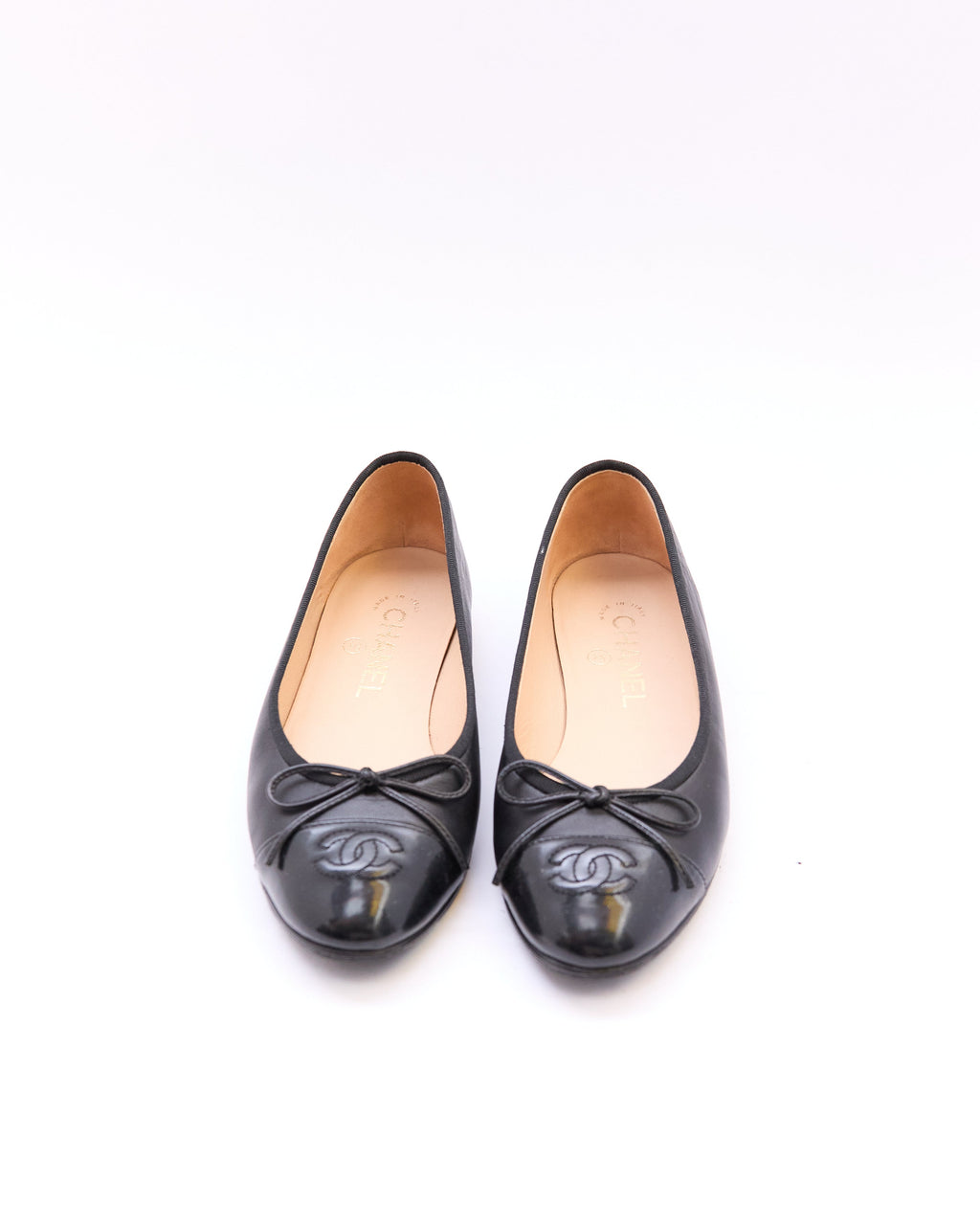 Chanel Black Leather Patent Toe Flats Size 36
