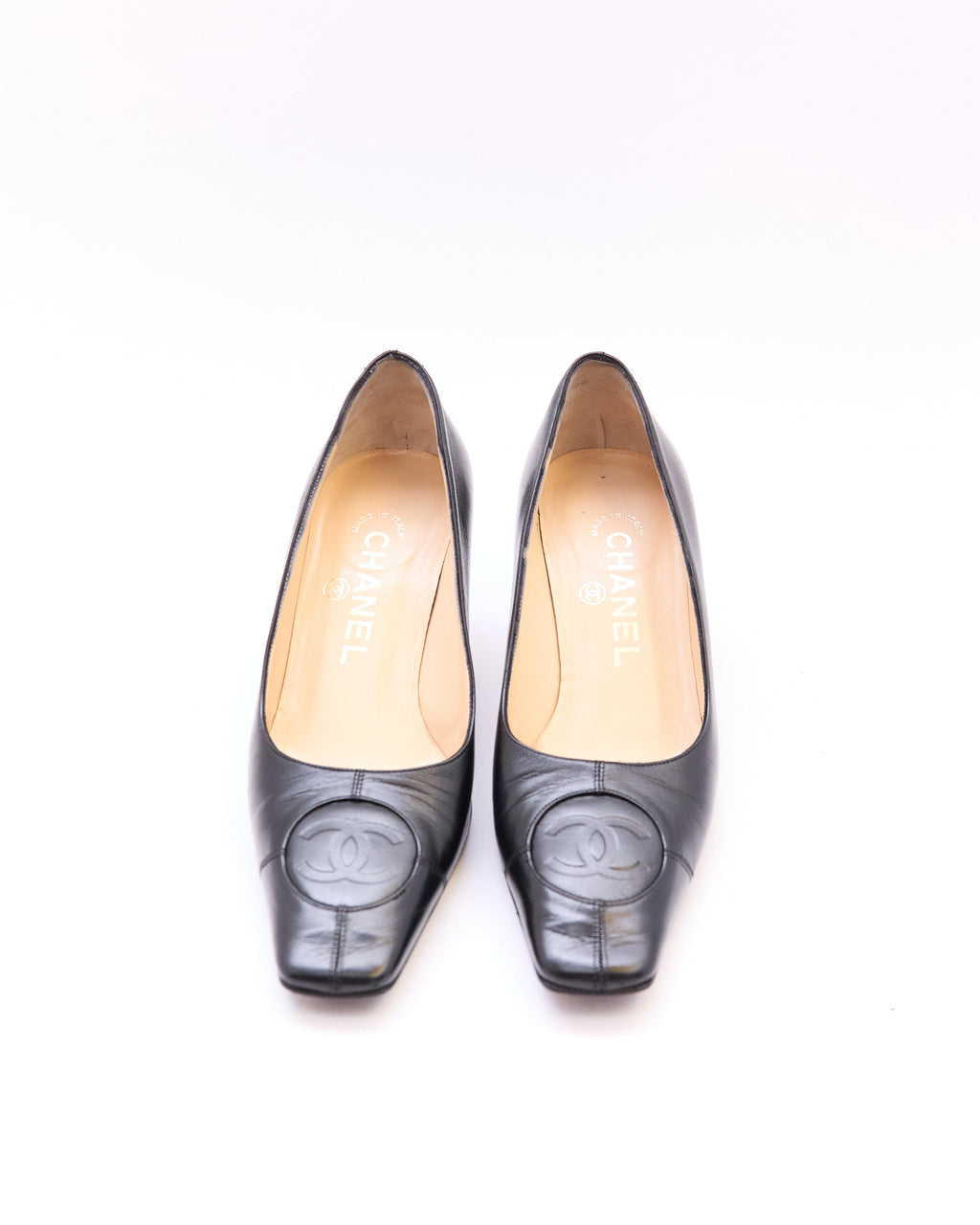 Chanel Black Lambskin CC Square Pumps Size 35