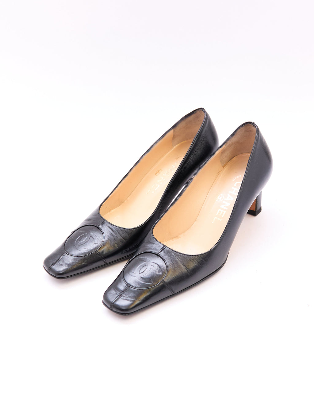 Chanel Black Lambskin CC Square Pumps Size 35