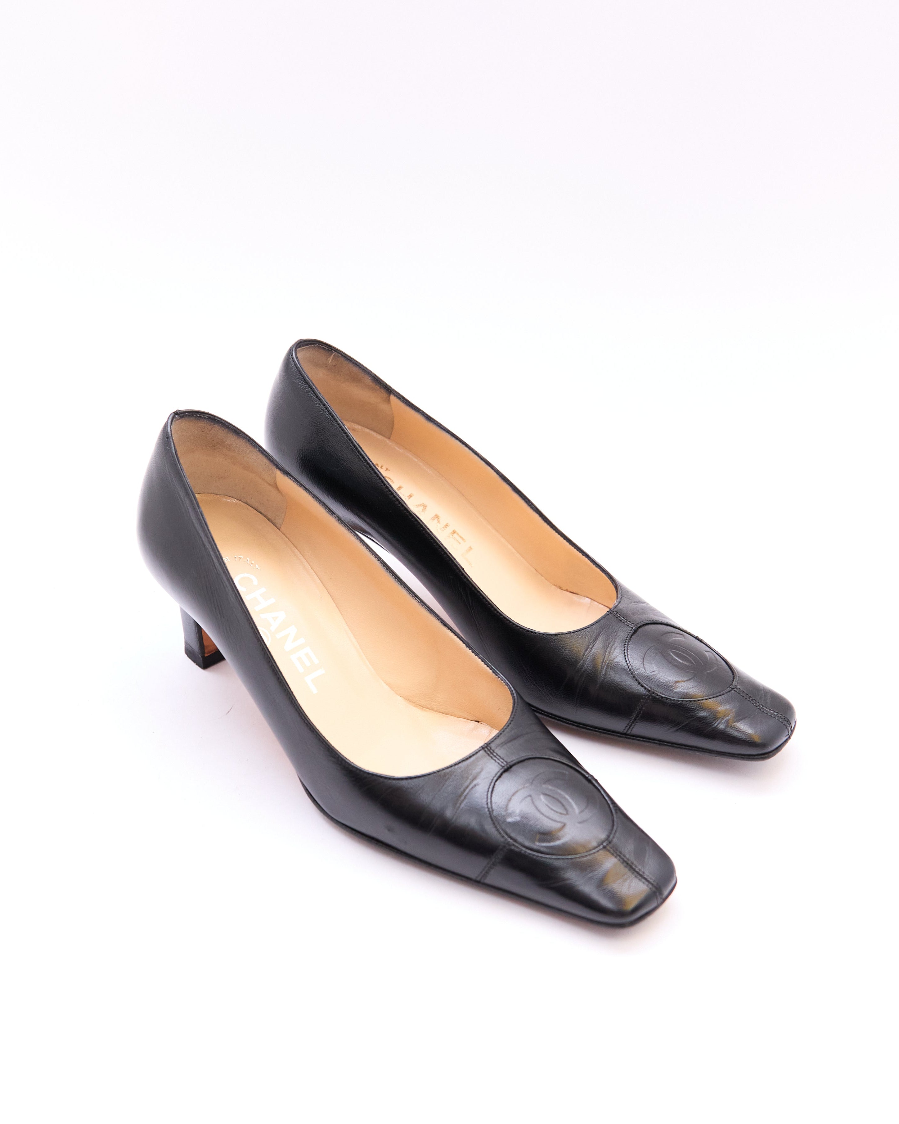 Chanel Black Lambskin CC Square Pumps Size 35