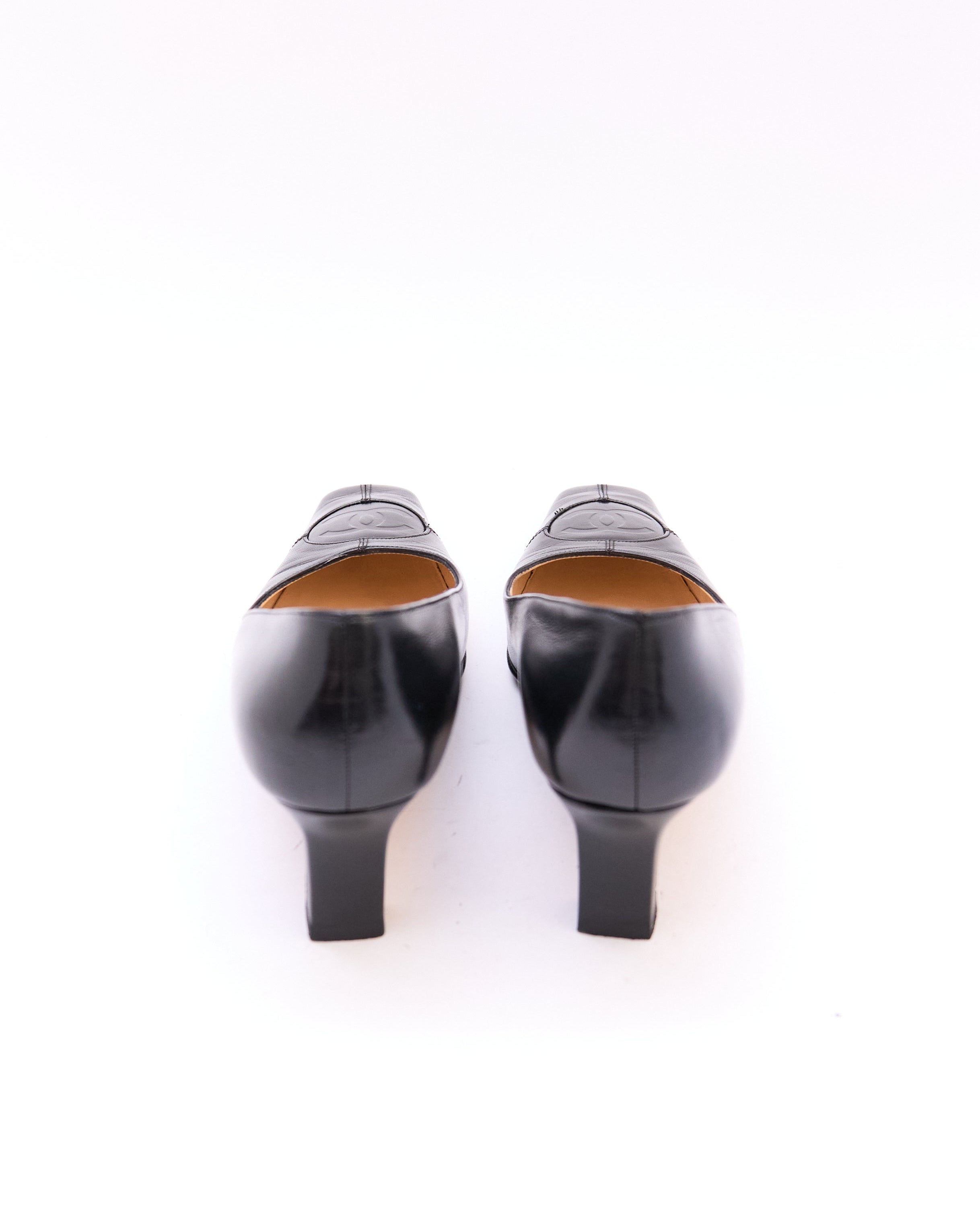 Chanel Black Lambskin CC Square Pumps Size 35