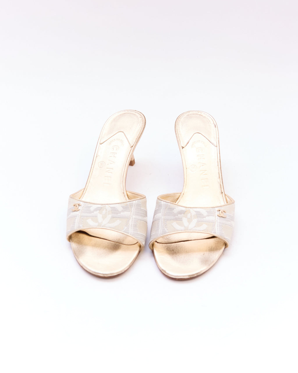 Chanel Gold Canvas Logo Heels Size 37