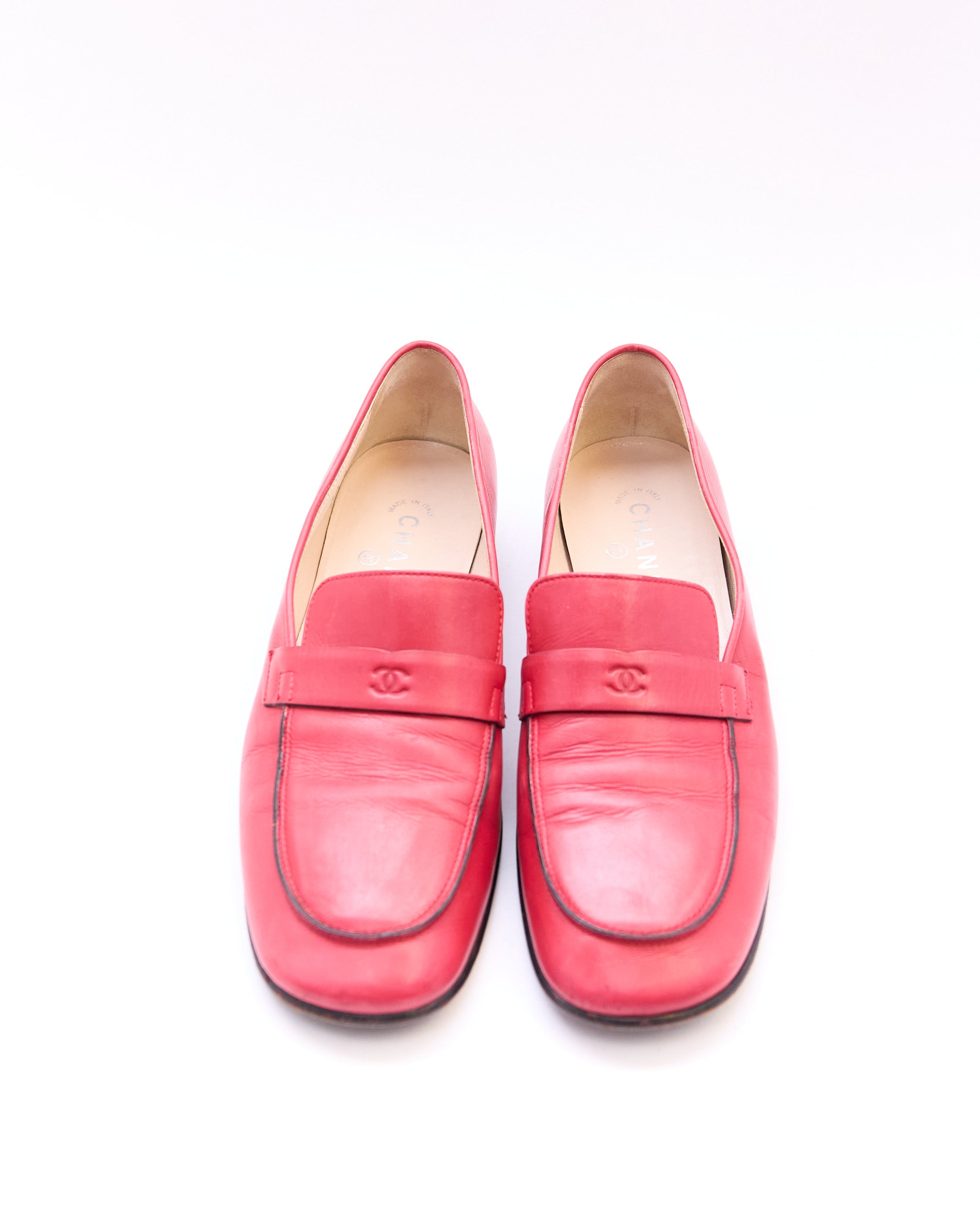Chanel Red Leather Logo Loafers Size 40