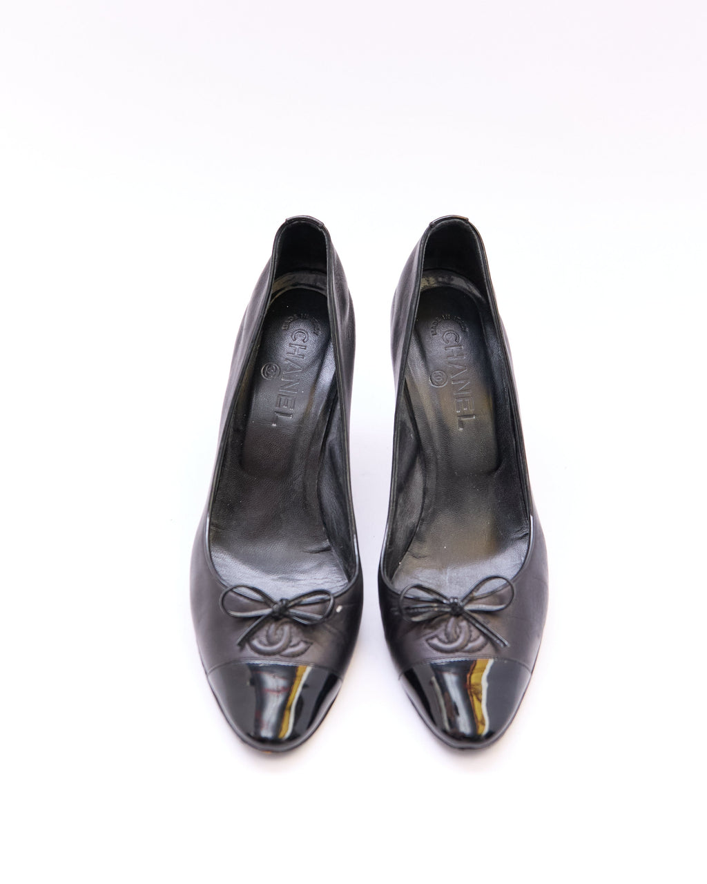 Chanel Black Leather Patent Toe Ballet Pumps Size 39.5