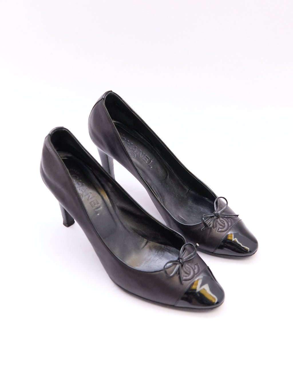 Chanel Black Leather Patent Toe Ballet Pumps Size 39.5