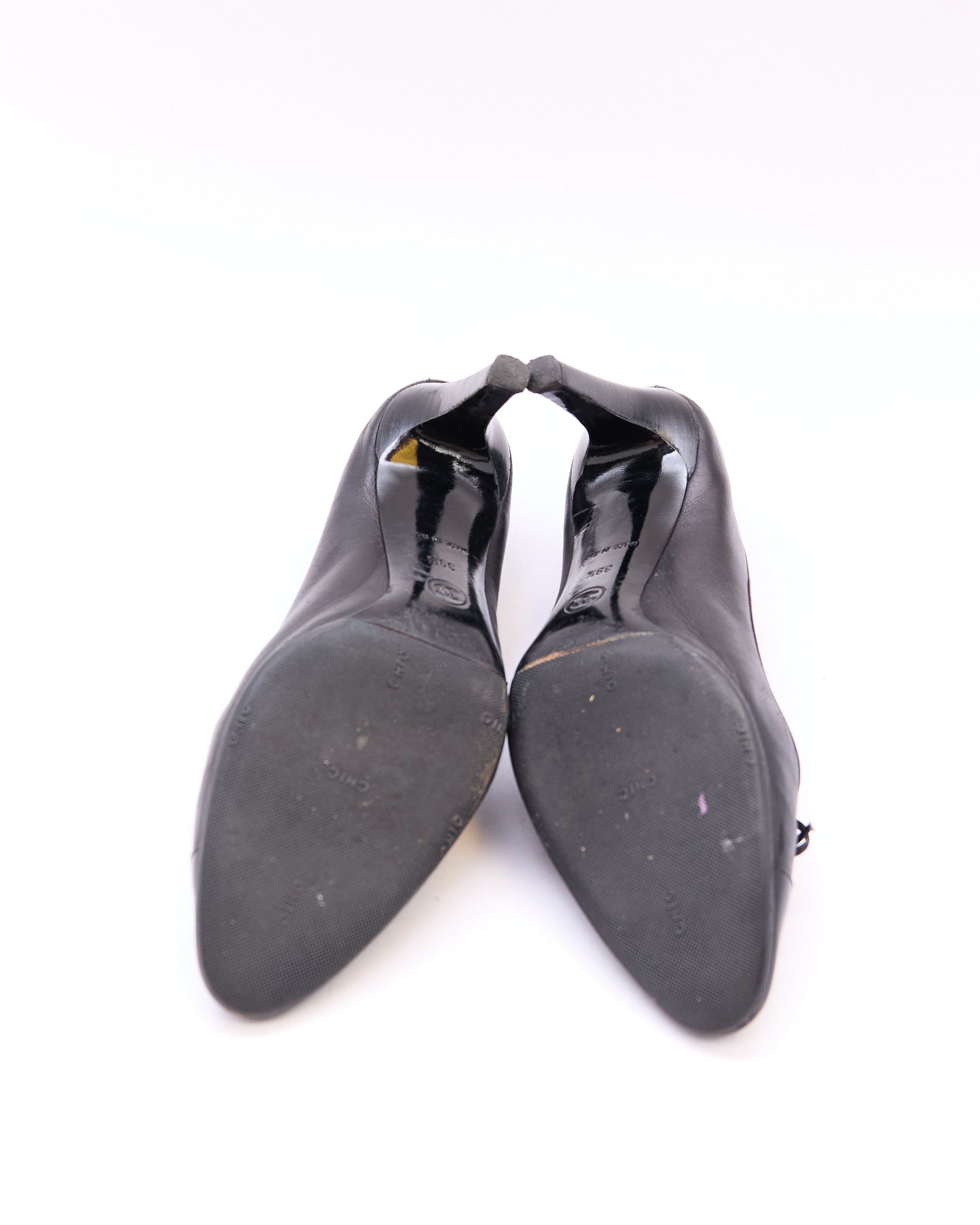 Chanel Black Leather Patent Toe Ballet Pumps Size 39.5