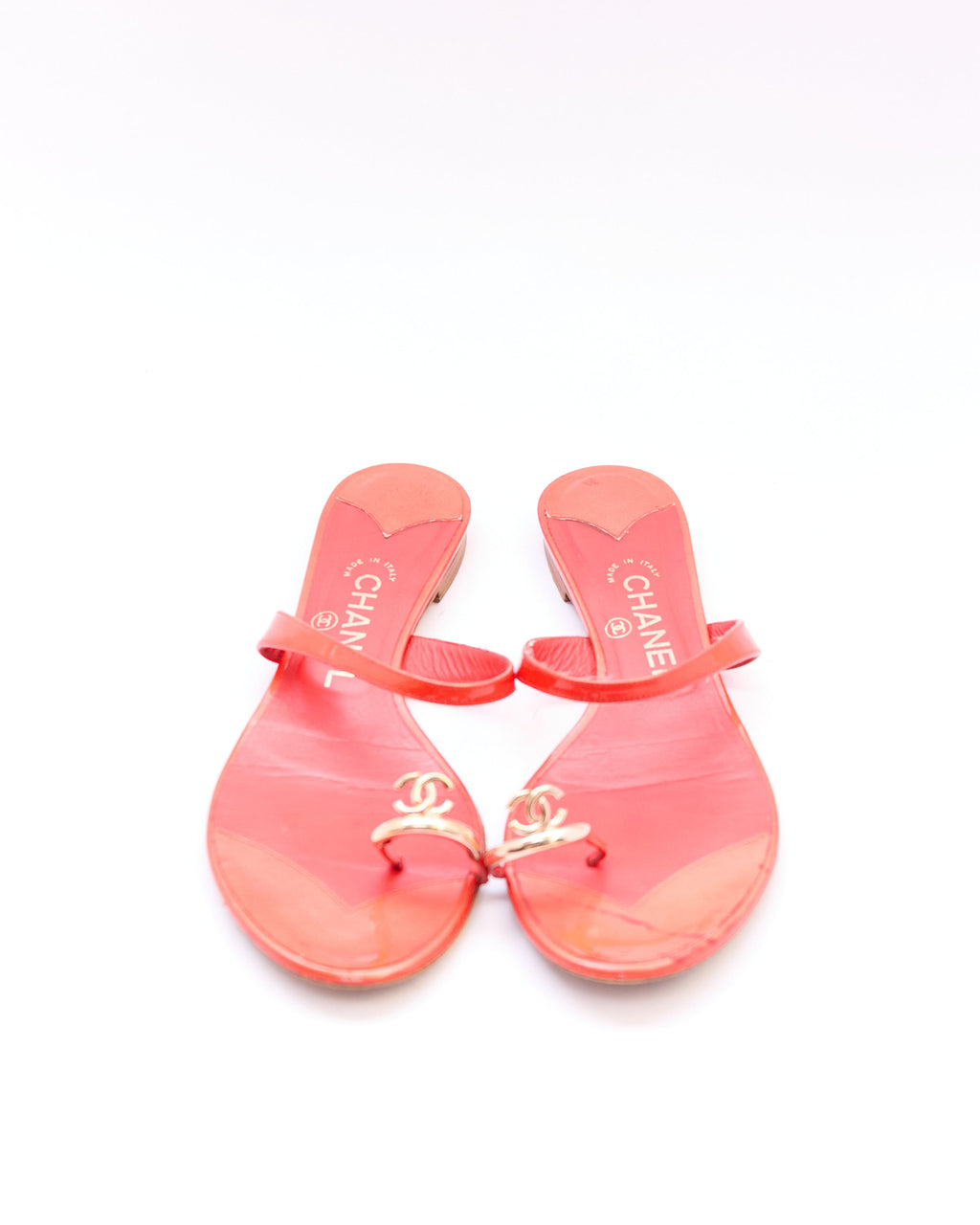 Chanel Orange Patent Toe Ring Logo Sandals Size 39.5