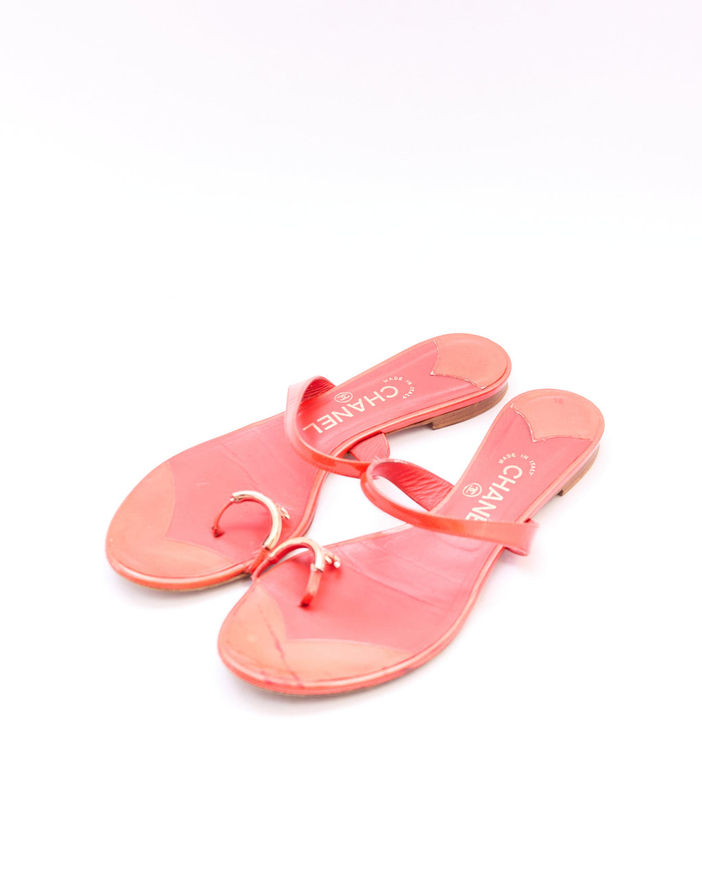 Chanel Orange Patent Toe Ring Logo Sandals Size 39.5