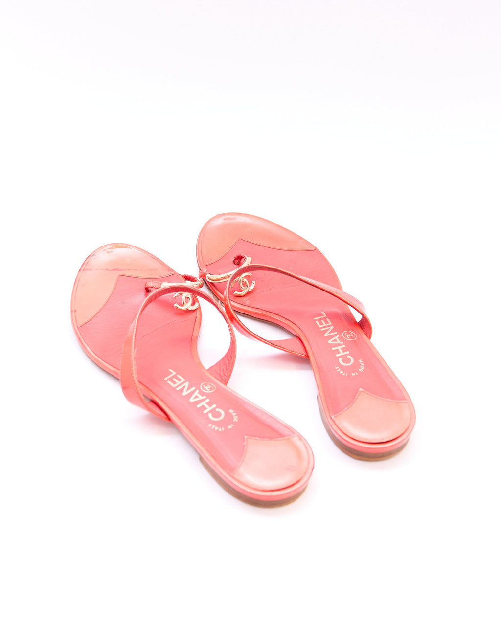 Chanel Orange Patent Toe Ring Logo Sandals Size 39.5