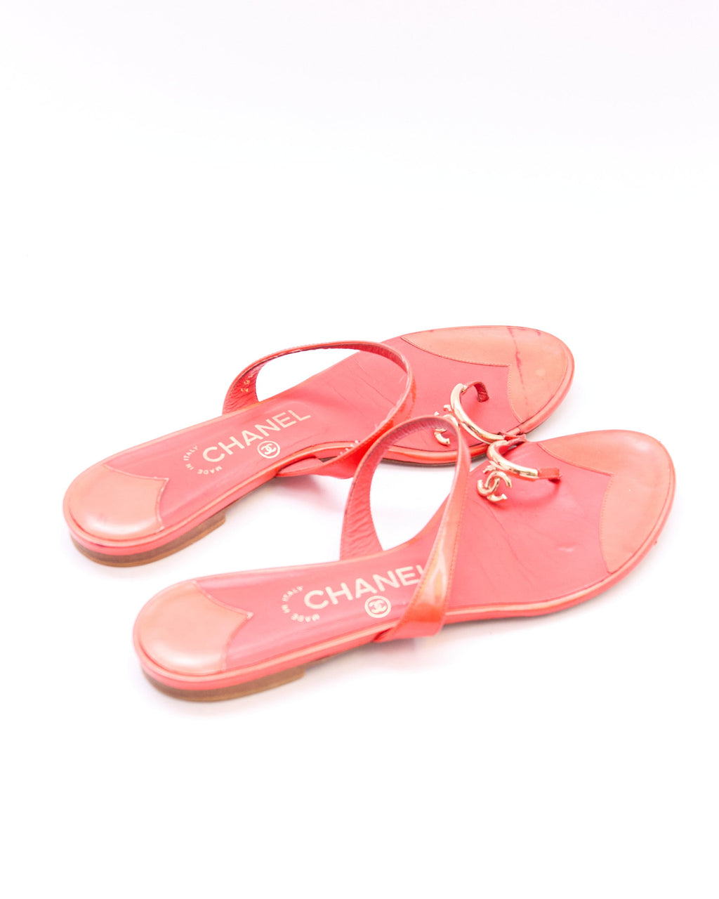 Chanel Orange Patent Toe Ring Logo Sandals Size 39.5
