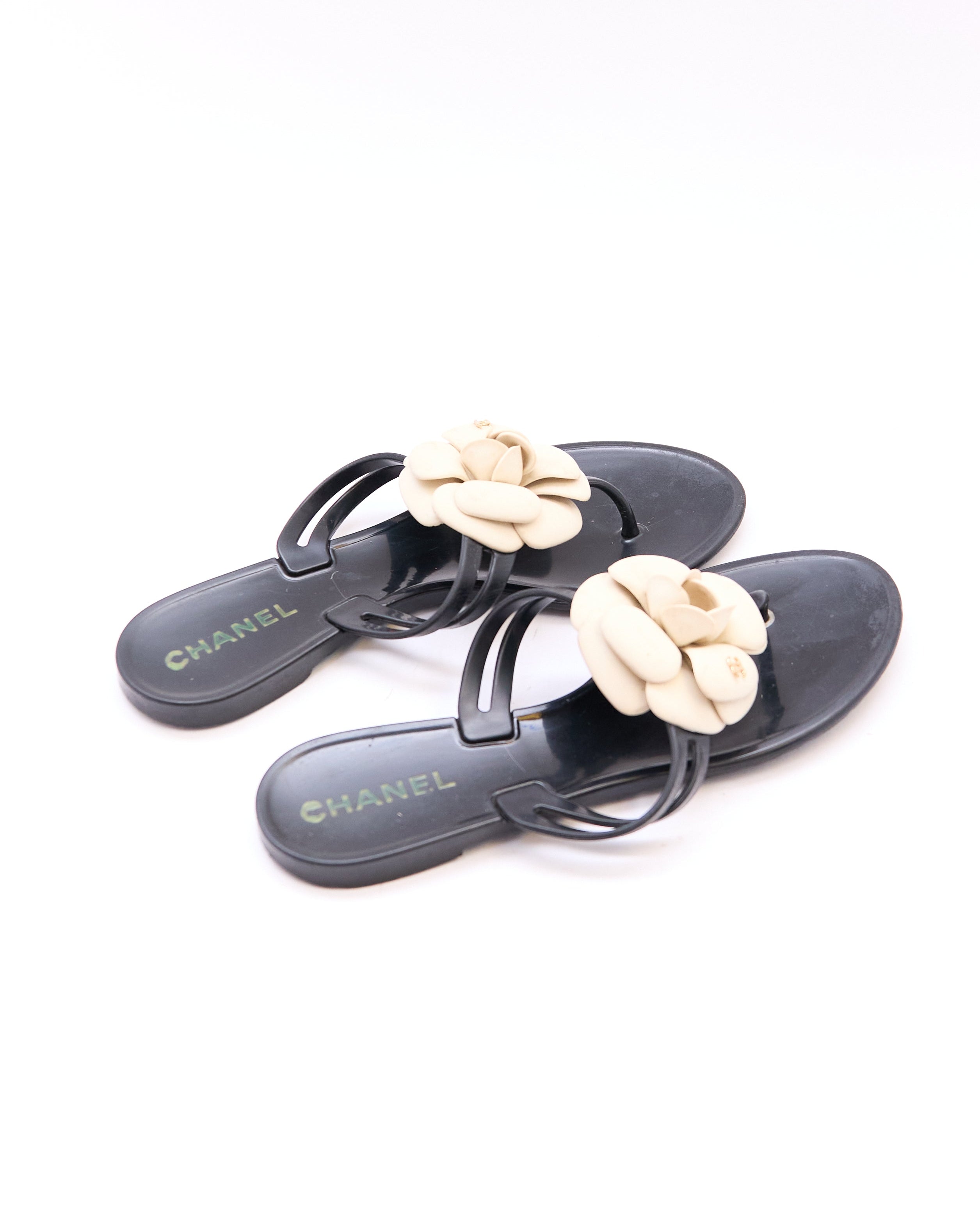 Chanel Black Jelly Camellia Sandals Size 37