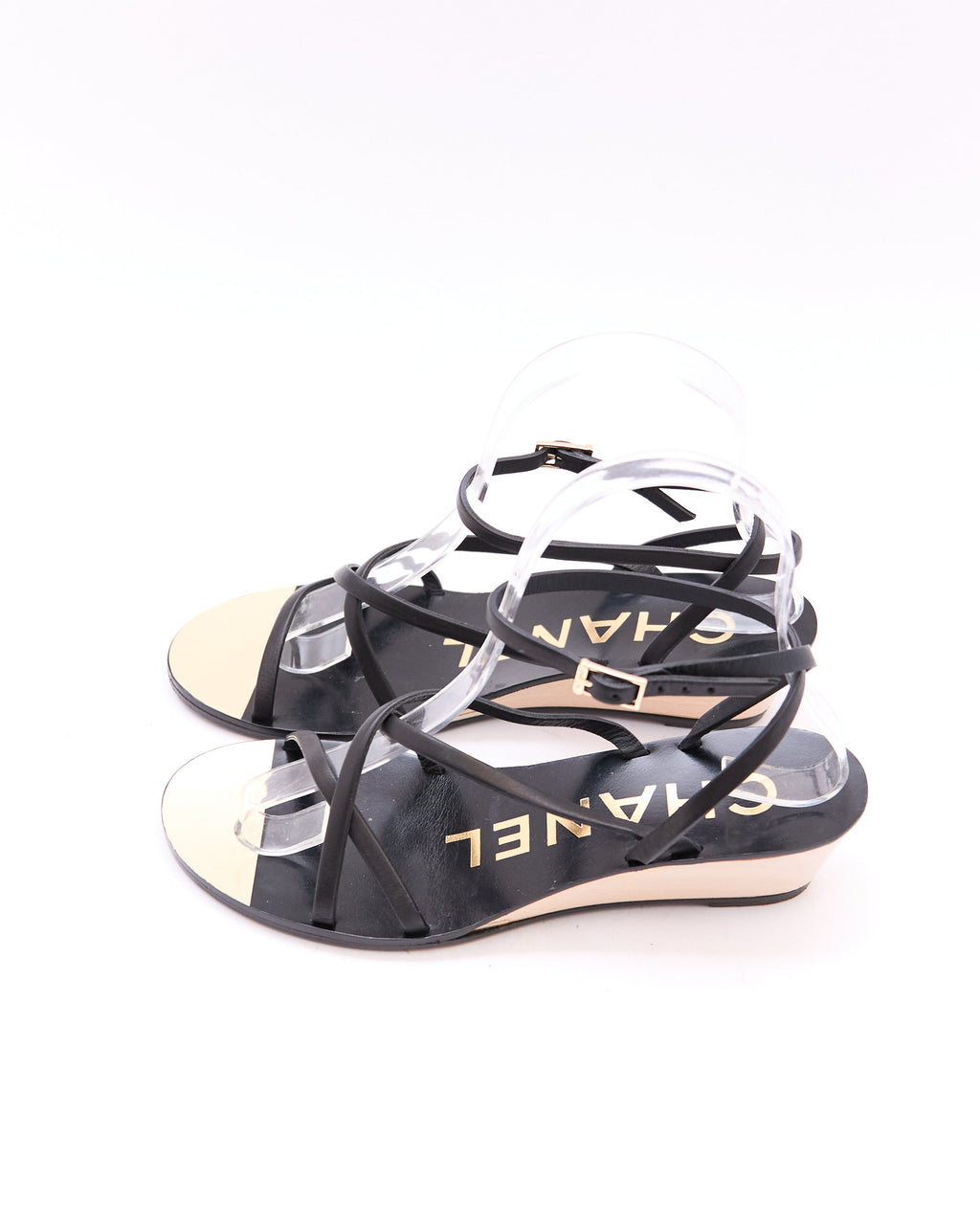 Chanel Black Strappy Wedge Sandals Size 36.5