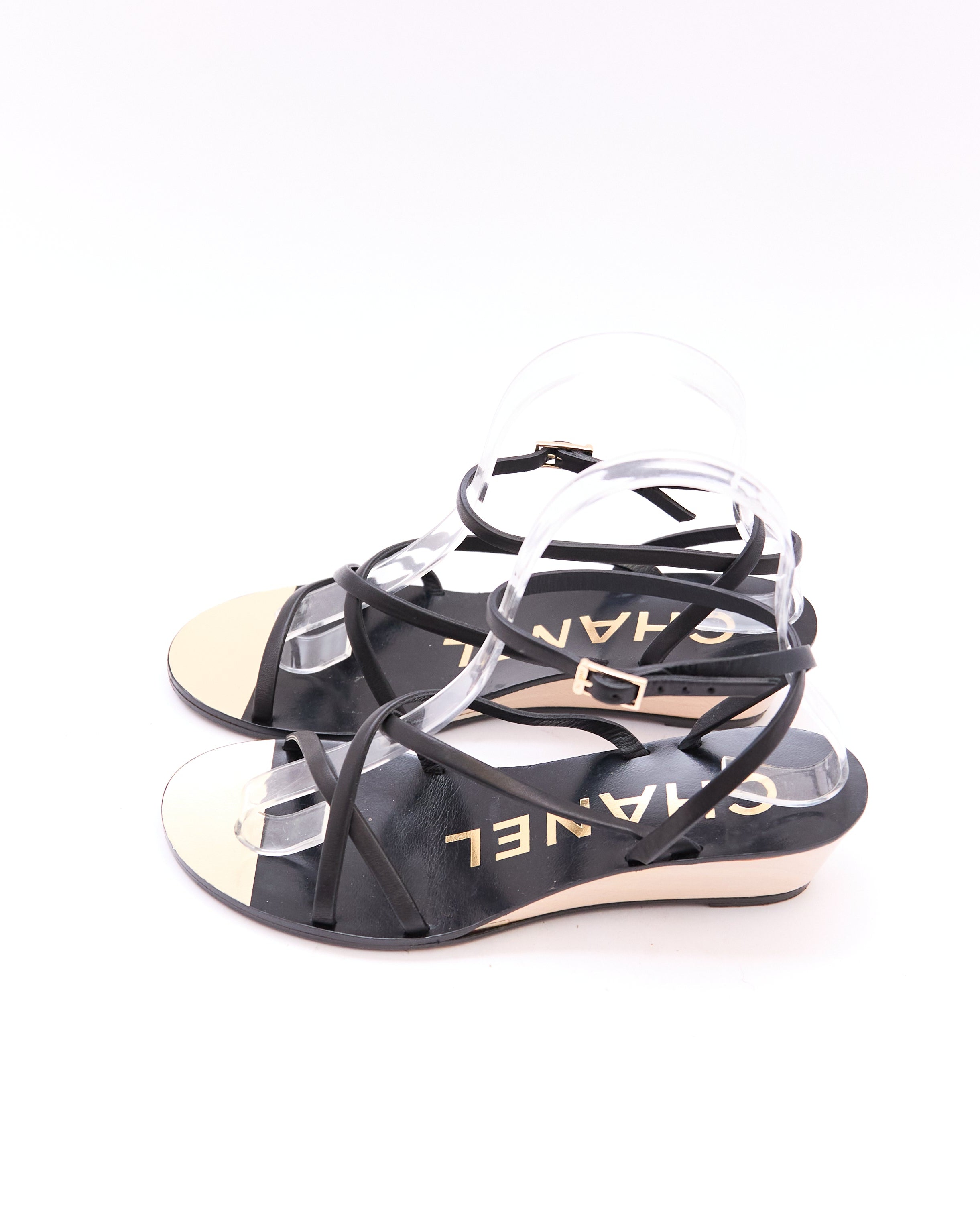 Chanel Black Strappy Wedge Sandals Size 36.5