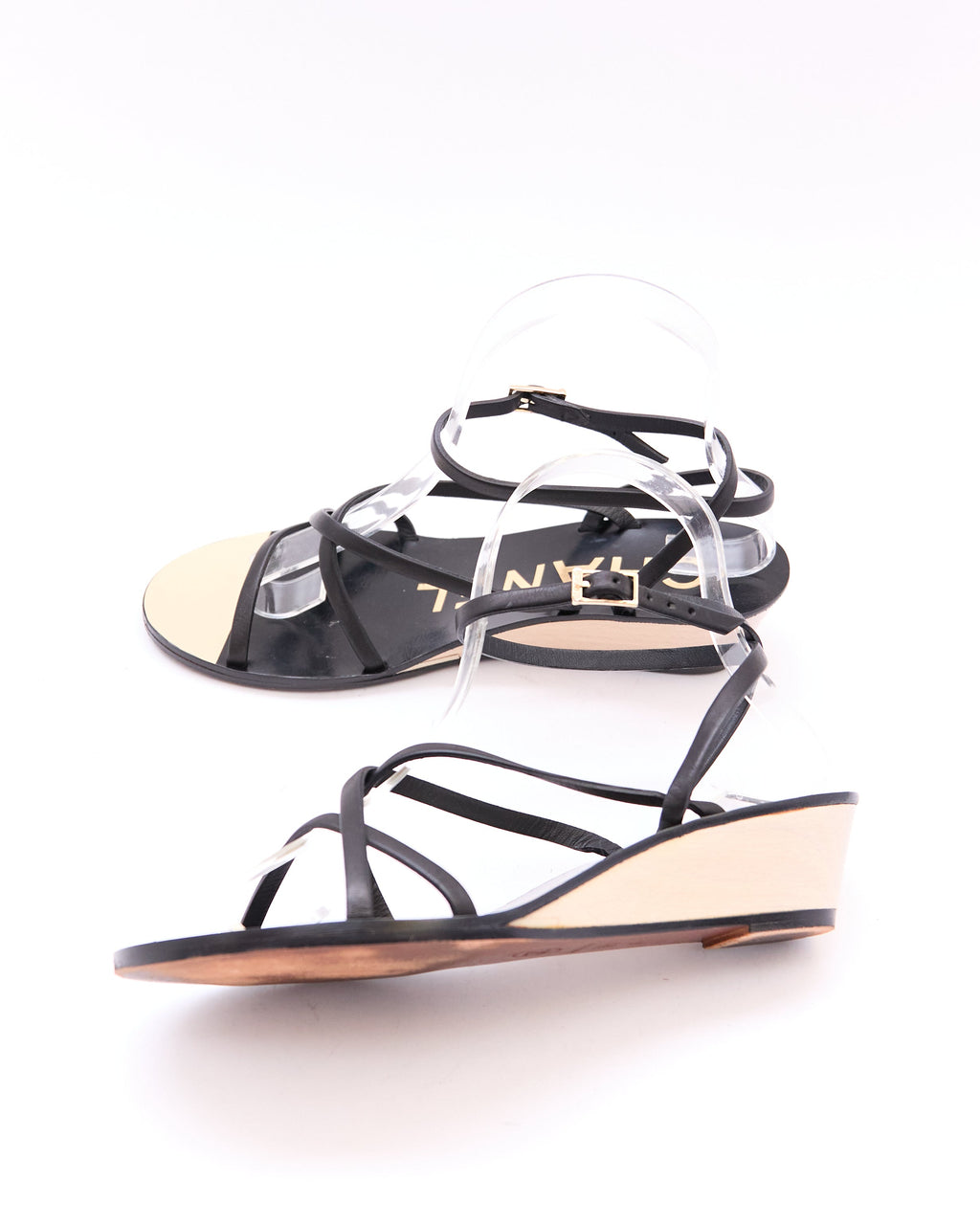 Chanel Black Strappy Wedge Sandals Size 36.5