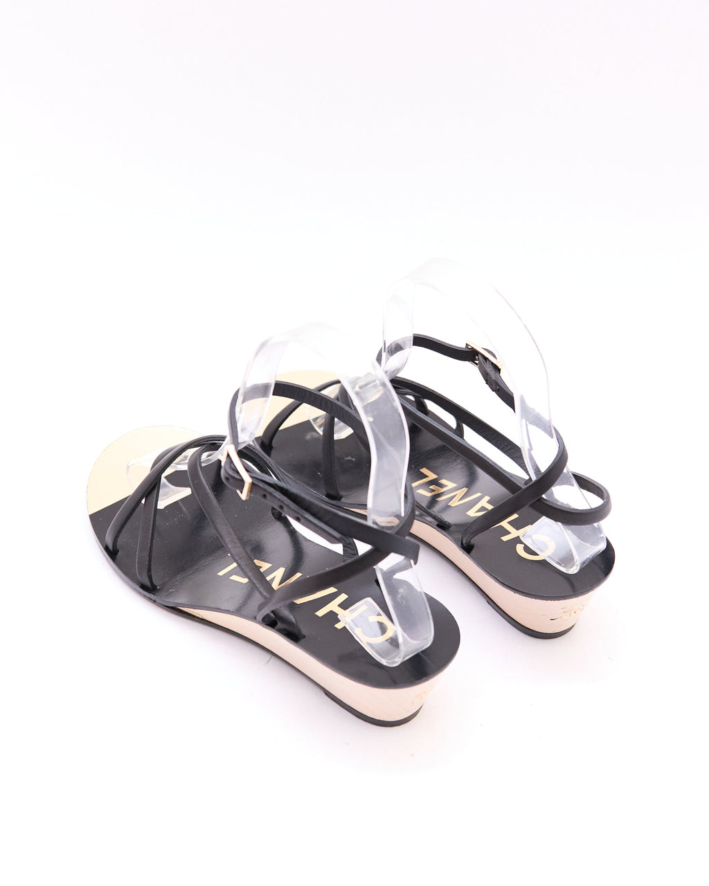 Chanel Black Strappy Wedge Sandals Size 36.5