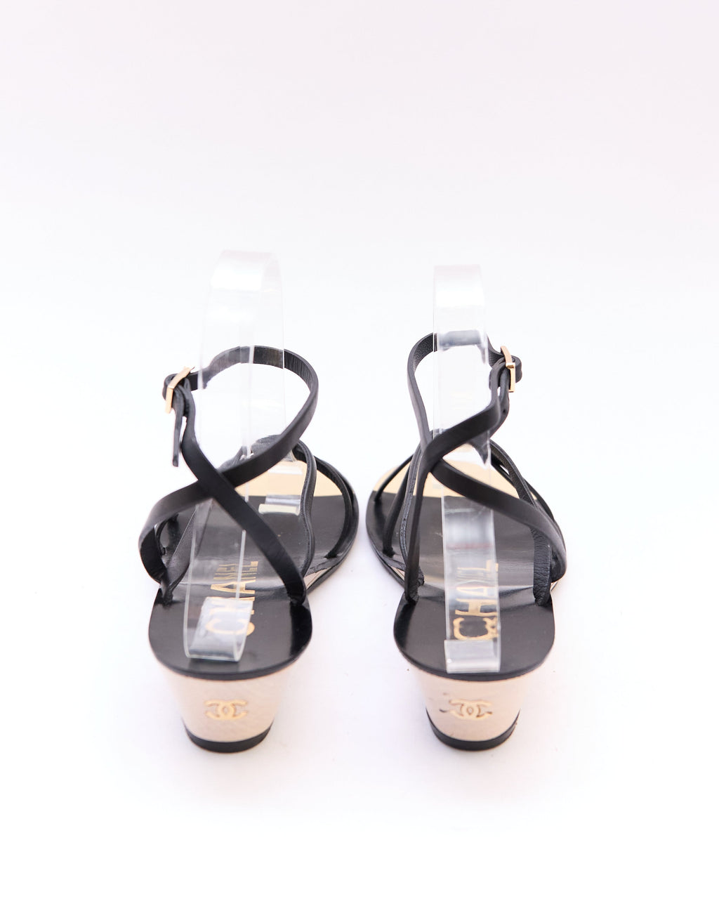 Chanel Black Strappy Wedge Sandals Size 36.5