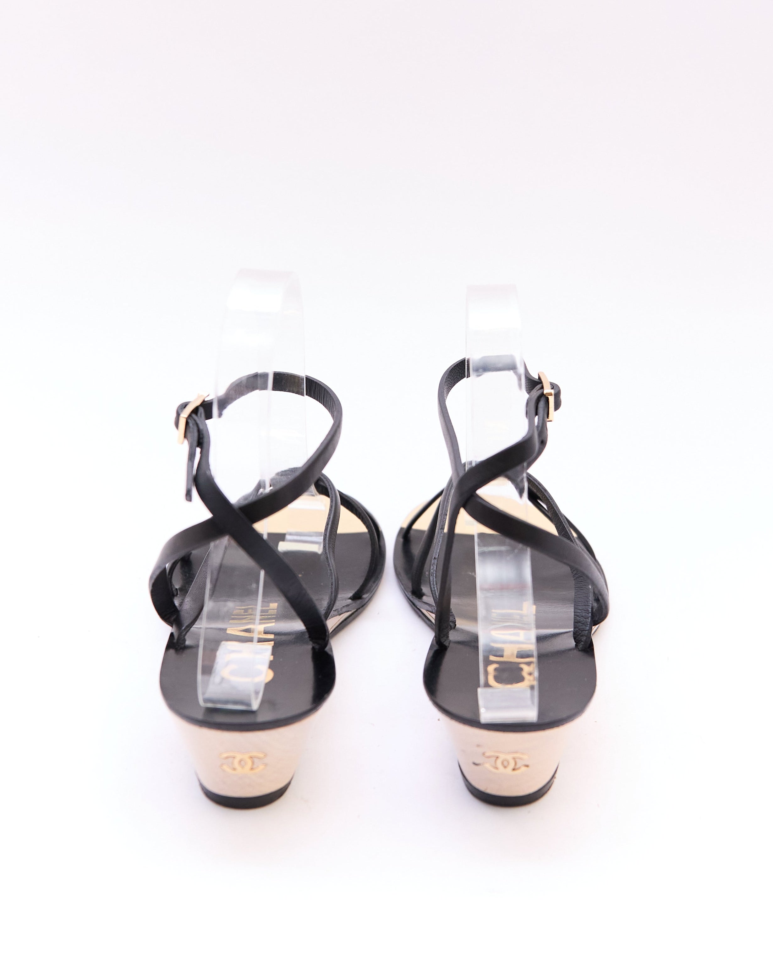 Chanel Black Strappy Wedge Sandals Size 36.5