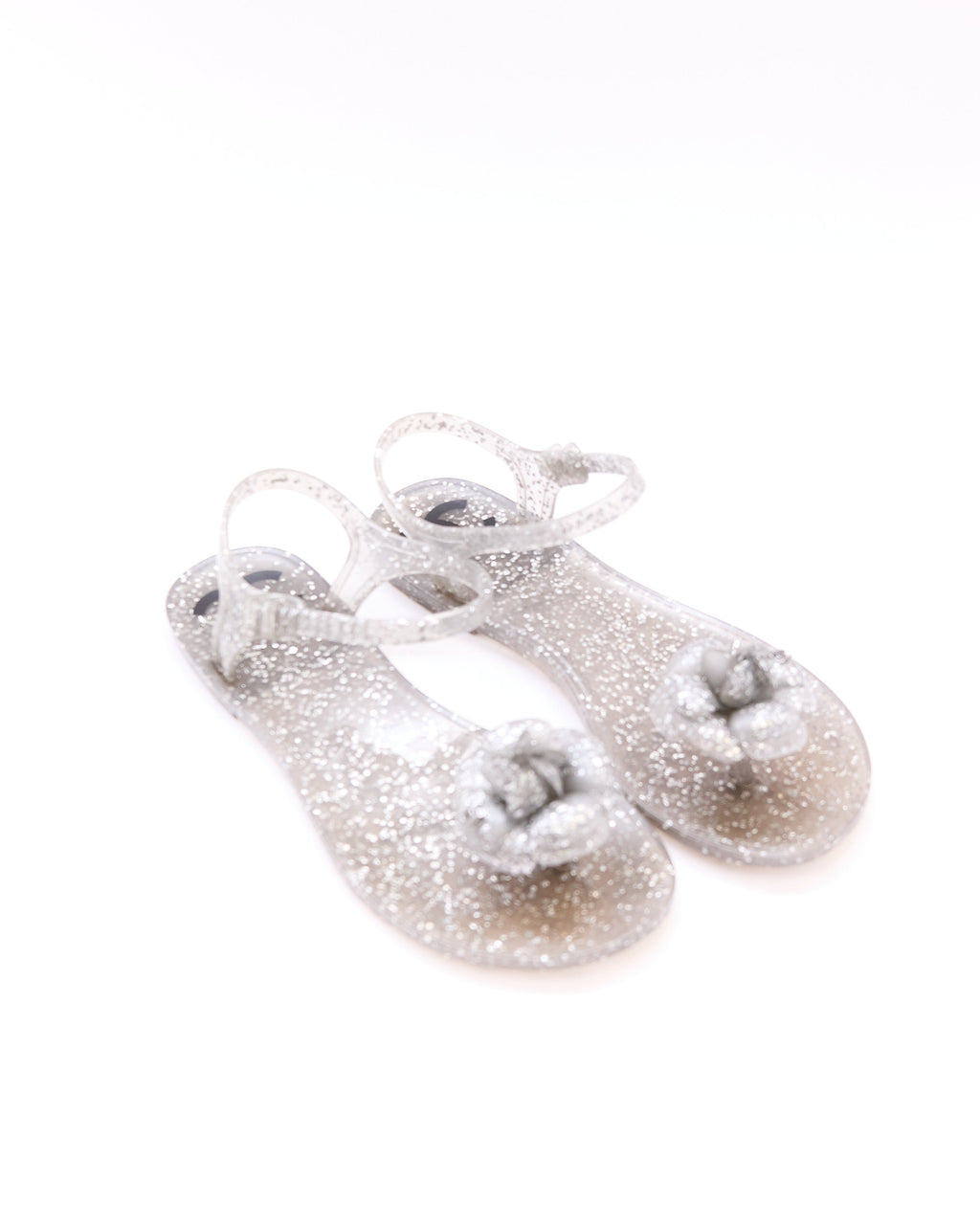 Chanel Silver Glitter Jelly Camellia Sandals Size 37
